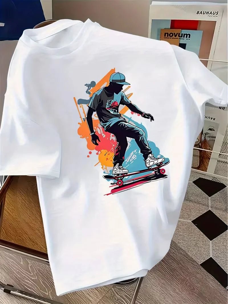 Skateboarding Boy Graphic T-Shirt, Streetwear Style Crew Neck Short Sleeve Tee,Loose Fit Summer Daily Wear Top, Skate Lover Gift - STAND OUT FLEXSARAH