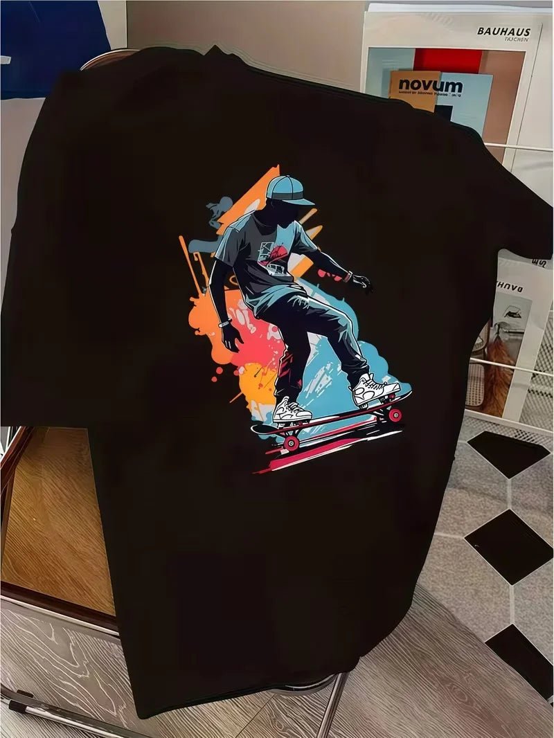 Skateboarding Boy Graphic T-Shirt, Streetwear Style Crew Neck Short Sleeve Tee,Loose Fit Summer Daily Wear Top, Skate Lover Gift - STAND OUT FLEXSARAH