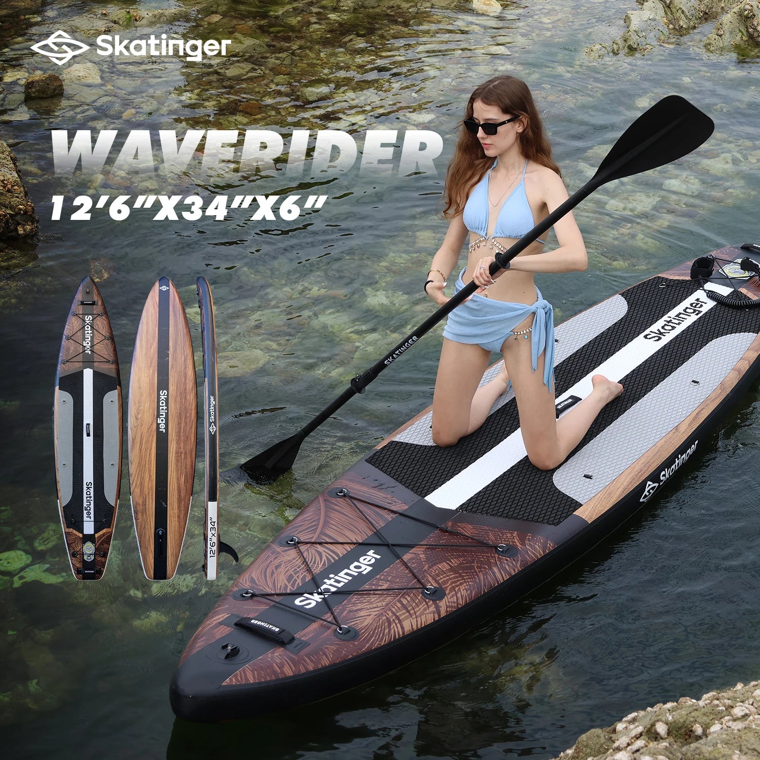 SKATINGER 12'6''x34''x6'' Inflatable Paddle Board for Adults Waterproof Standing Style SUP Board with Accessories for Aquatic - STAND OUT FLEXSARAH