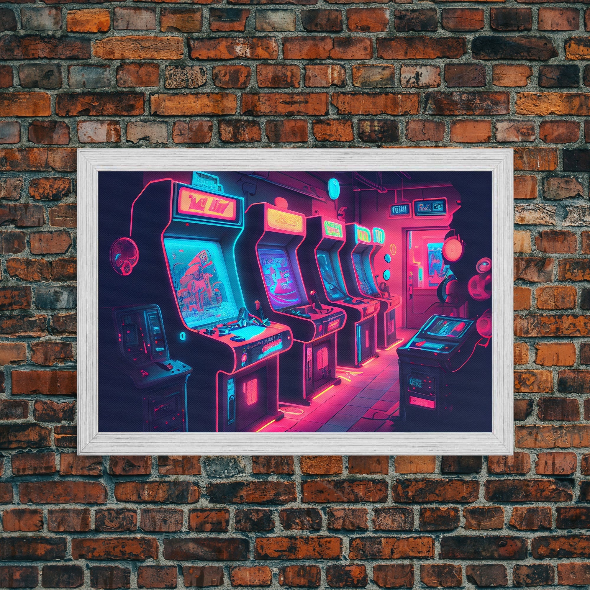 Synthwave Game Room Art, Neon retro 90s arcade room wall art, framed canvas print - STAND OUT FLEXSARAH