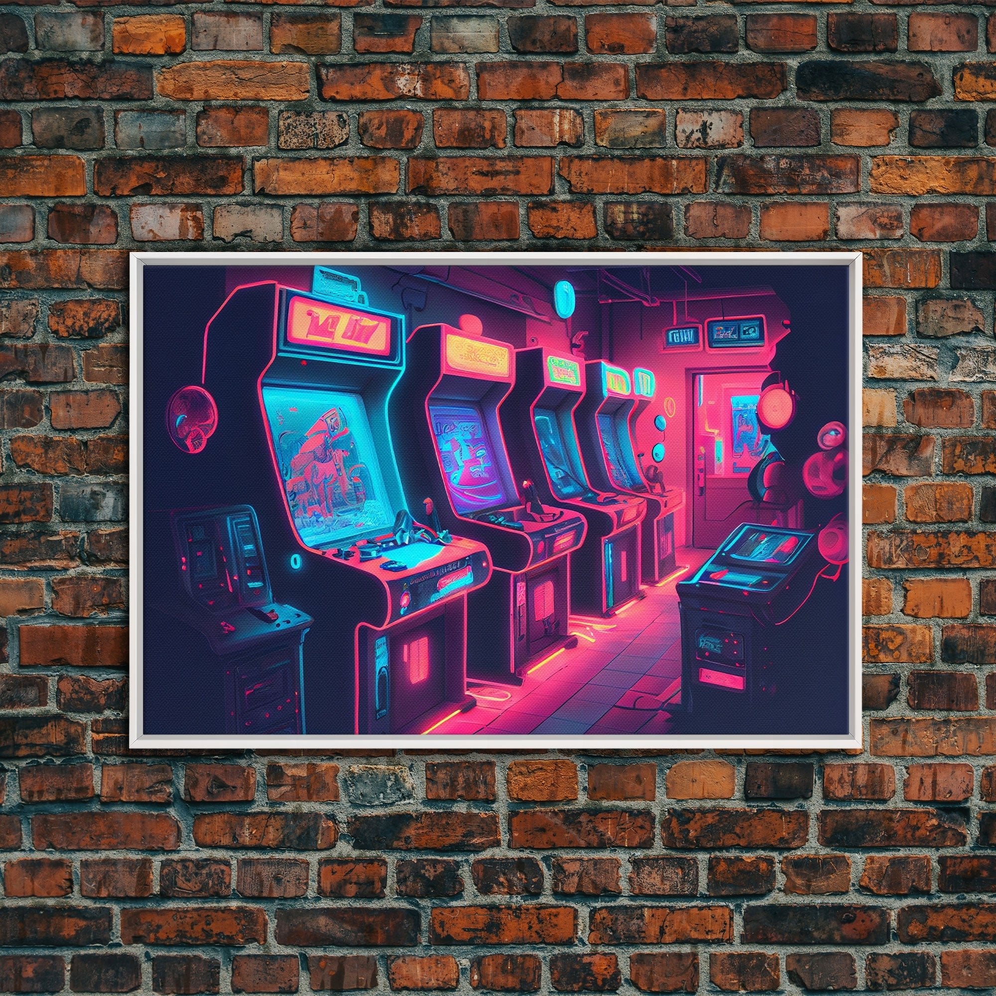 Synthwave Game Room Art, Neon retro 90s arcade room wall art, framed canvas print - STAND OUT FLEXSARAH