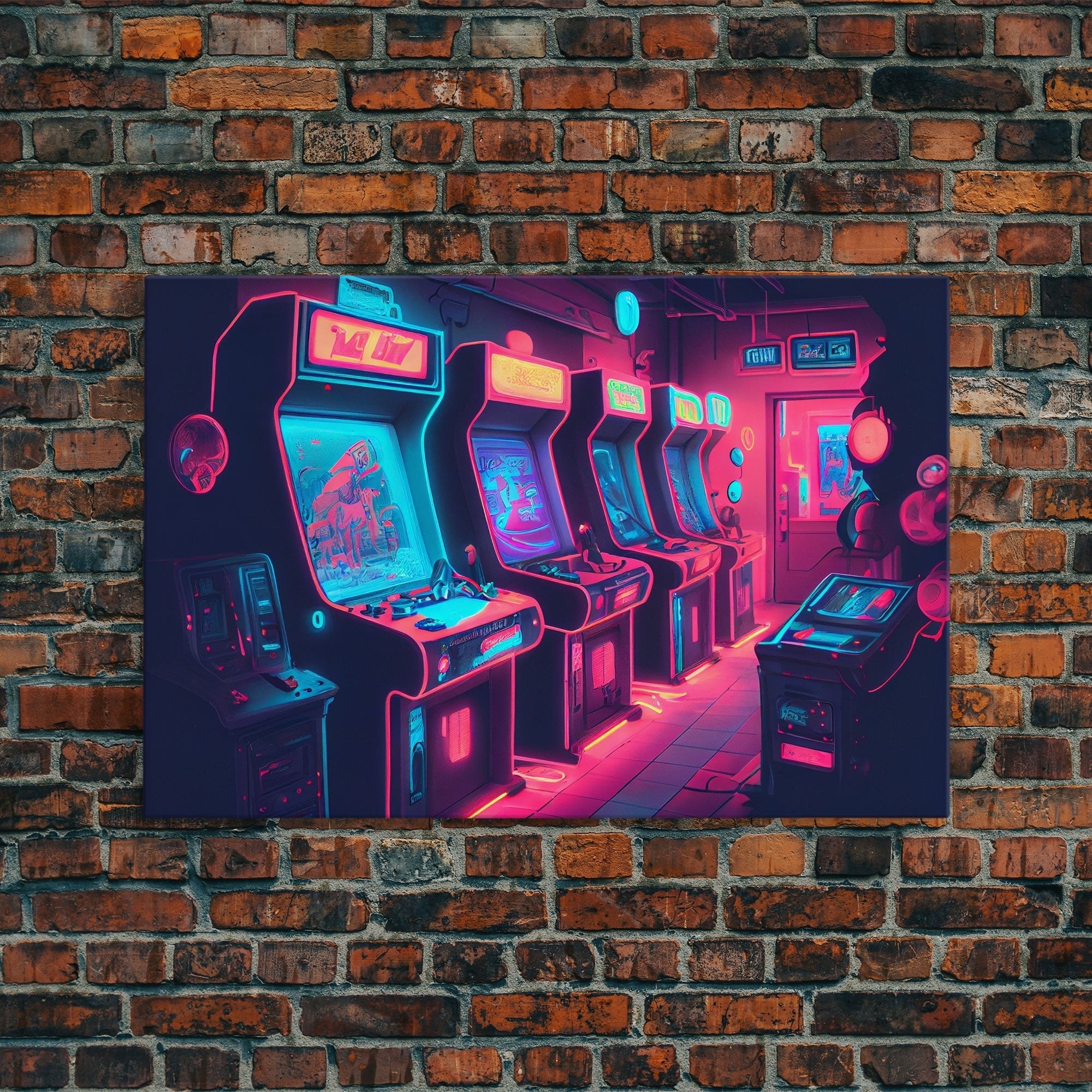 Synthwave Game Room Art, Neon retro 90s arcade room wall art, framed canvas print - STAND OUT FLEXSARAH