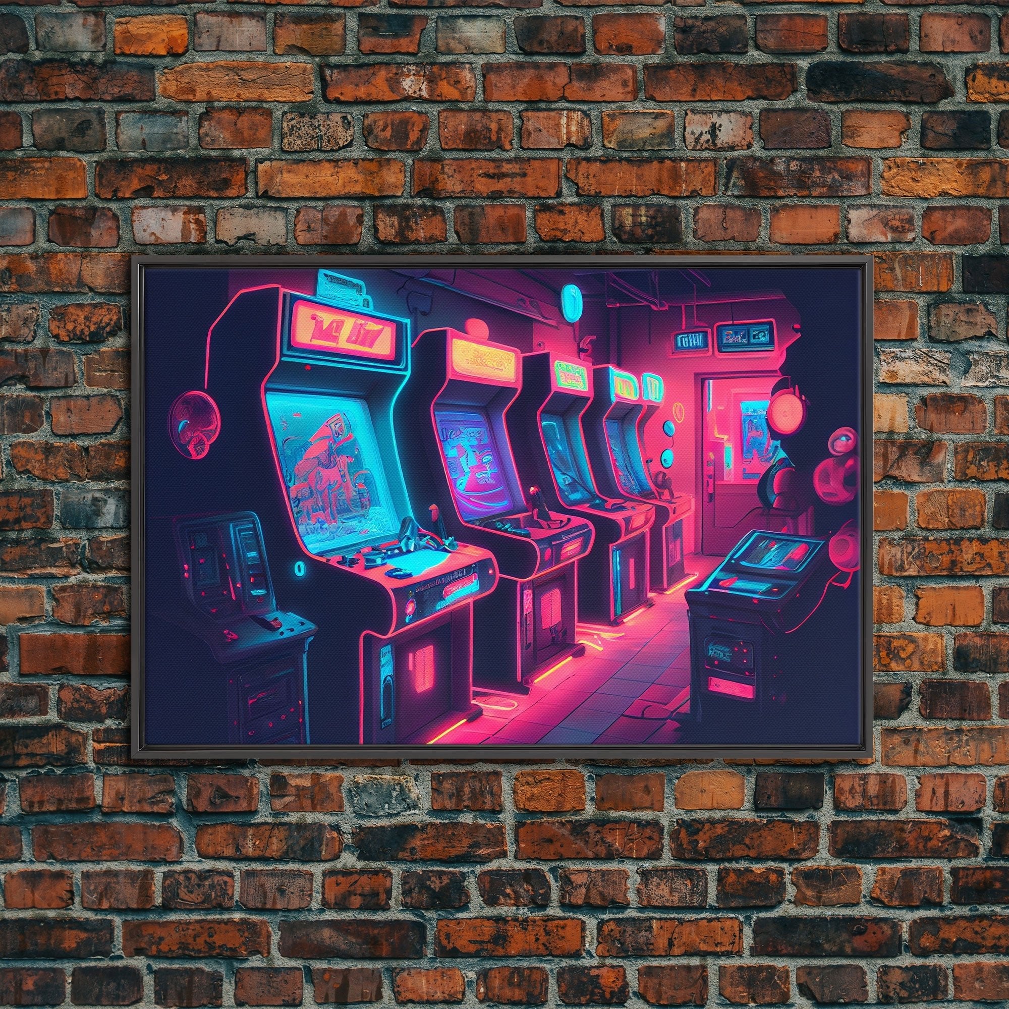 Synthwave Game Room Art, Neon retro 90s arcade room wall art, framed canvas print - STAND OUT FLEXSARAH