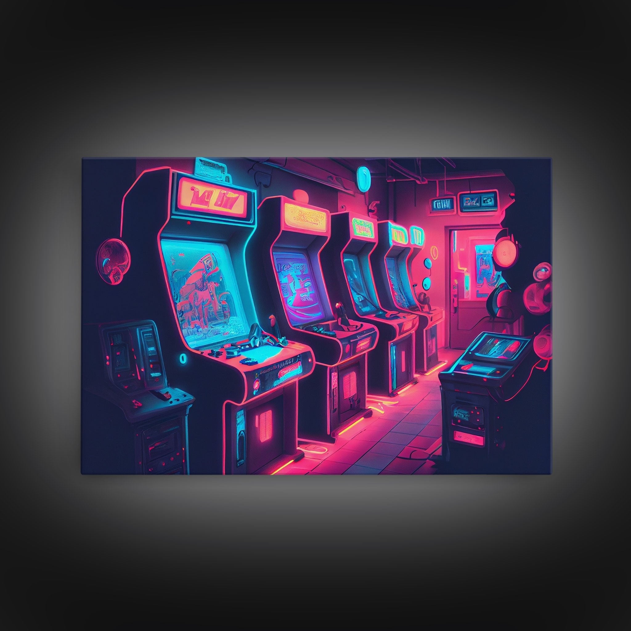 Synthwave Game Room Art, Neon retro 90s arcade room wall art, framed canvas print - STAND OUT FLEXSARAH