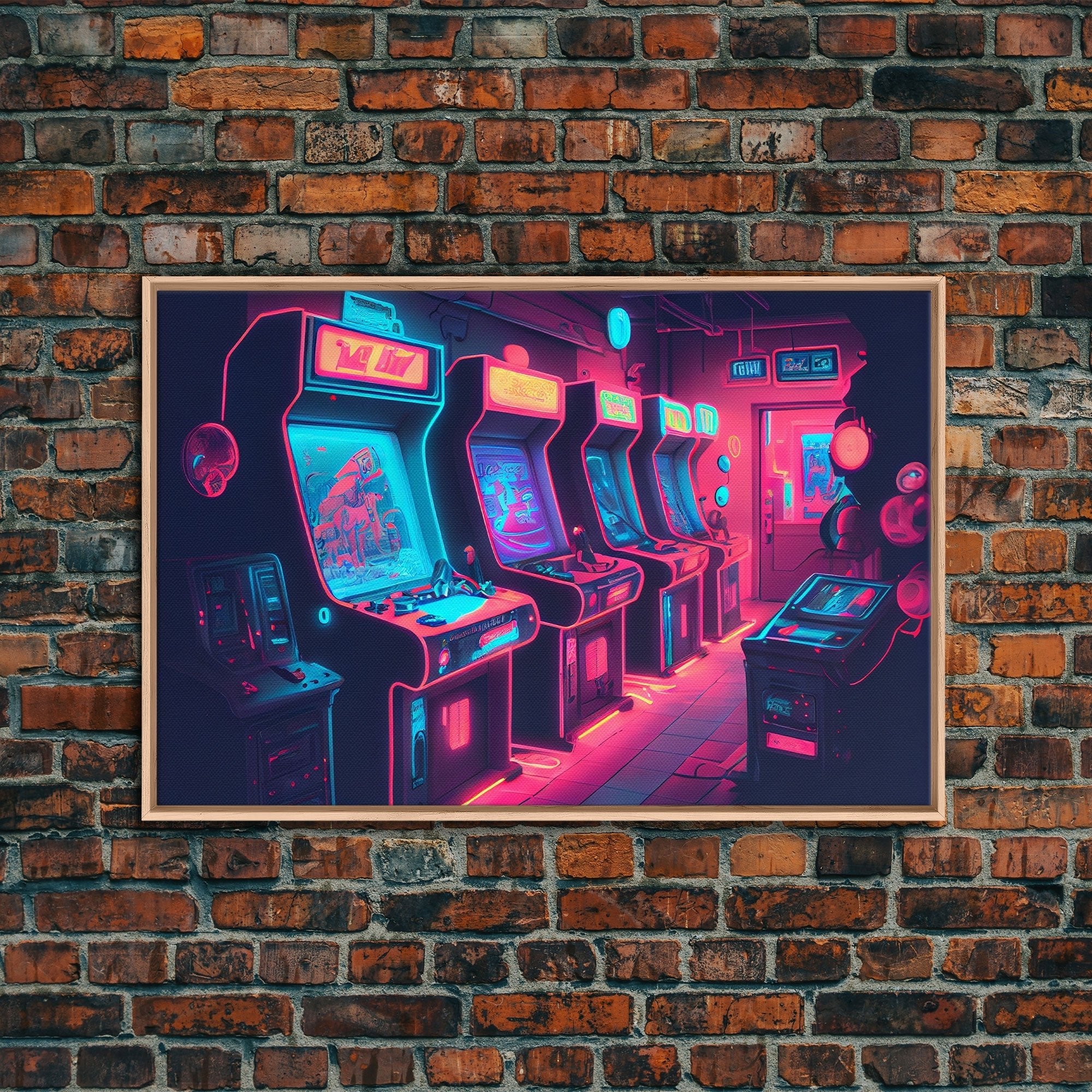 Synthwave Game Room Art, Neon retro 90s arcade room wall art, framed canvas print - STAND OUT FLEXSARAH