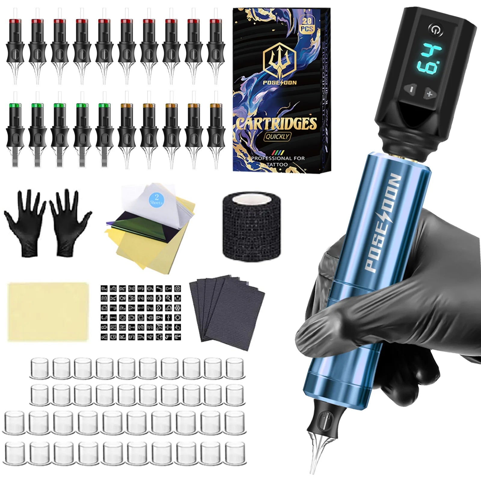 Tattoo Kit POSEIDON V5 High Quality Tattoo Pen Kit For Permanent Makeup Tattoo Machine Wireless Tattoo Power Supply Tattoo Kit - STAND OUT FLEXSARAH