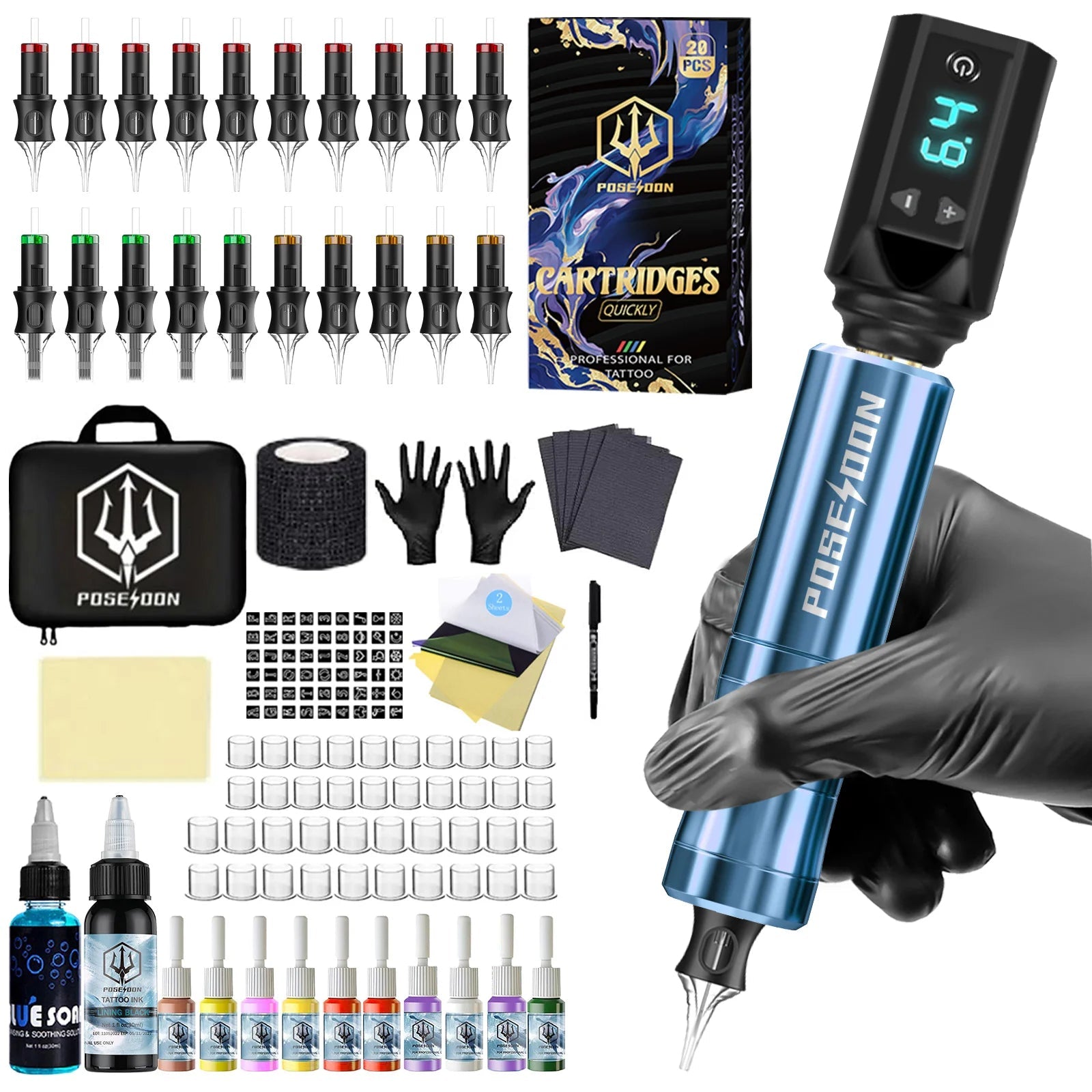 Tattoo Kit POSEIDON V5 High Quality Tattoo Pen Kit For Permanent Makeup Tattoo Machine Wireless Tattoo Power Supply Tattoo Kit - STAND OUT FLEXSARAH