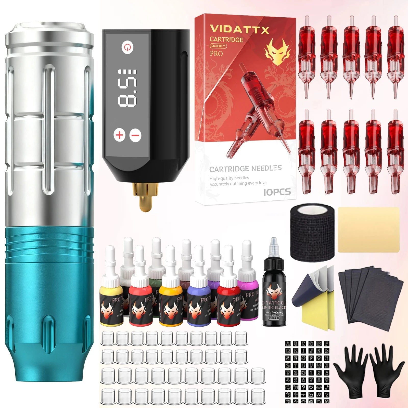 Tattoo Kit TRO Alloy Tattoo Pen Kit For Permanent Makeup Tattoo Machine Kit New Blue Wireless Tattoo Power Supply Tattoo Gun Kit - STAND OUT FLEXSARAH