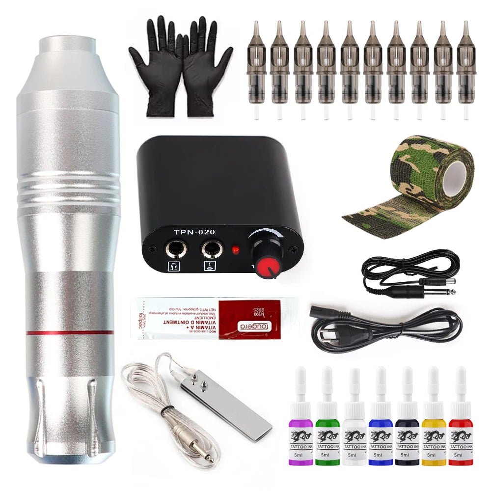Tattoo Machine Kit Complete Rotary Tattoo Pen with Wired Power Supply Cartridge Needles Permanent Makeup Tools for Artists - STAND OUT FLEXSARAH
