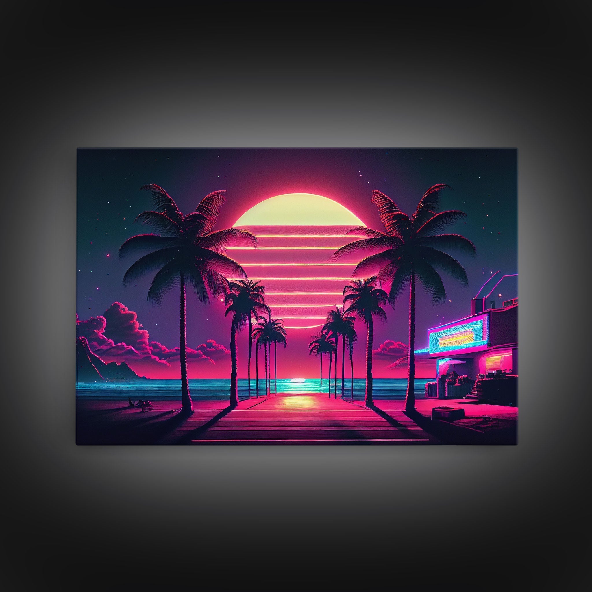 The Neon Boardwalk, Florida Synthwave Sunset, framed canvas print, retro style Miami vibes art - STAND OUT FLEXSARAH