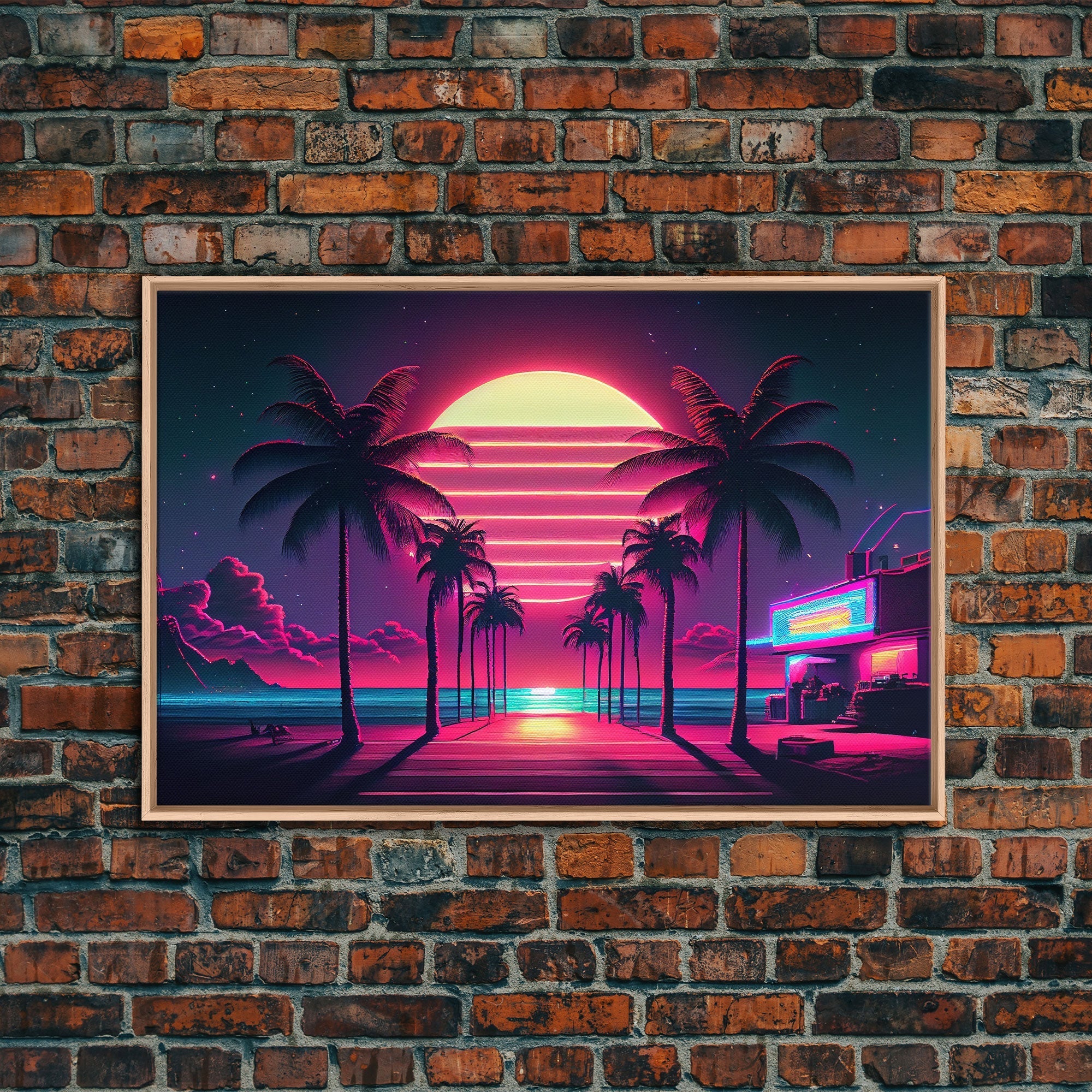 The Neon Boardwalk, Florida Synthwave Sunset, framed canvas print, retro style Miami vibes art - STAND OUT FLEXSARAH