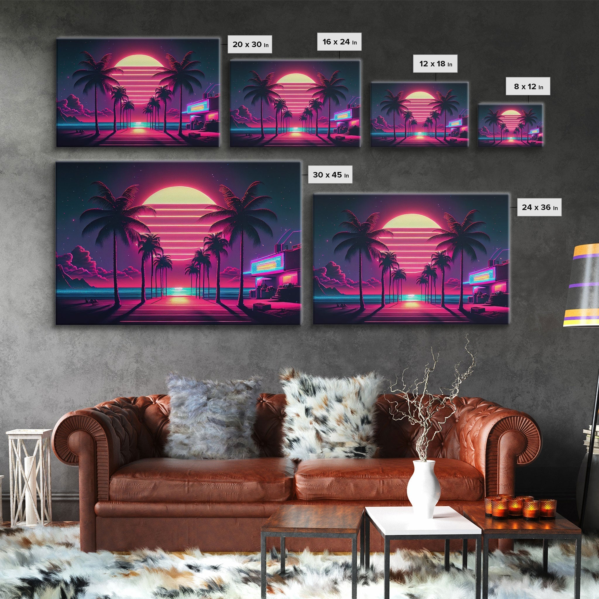 The Neon Boardwalk, Florida Synthwave Sunset, framed canvas print, retro style Miami vibes art - STAND OUT FLEXSARAH