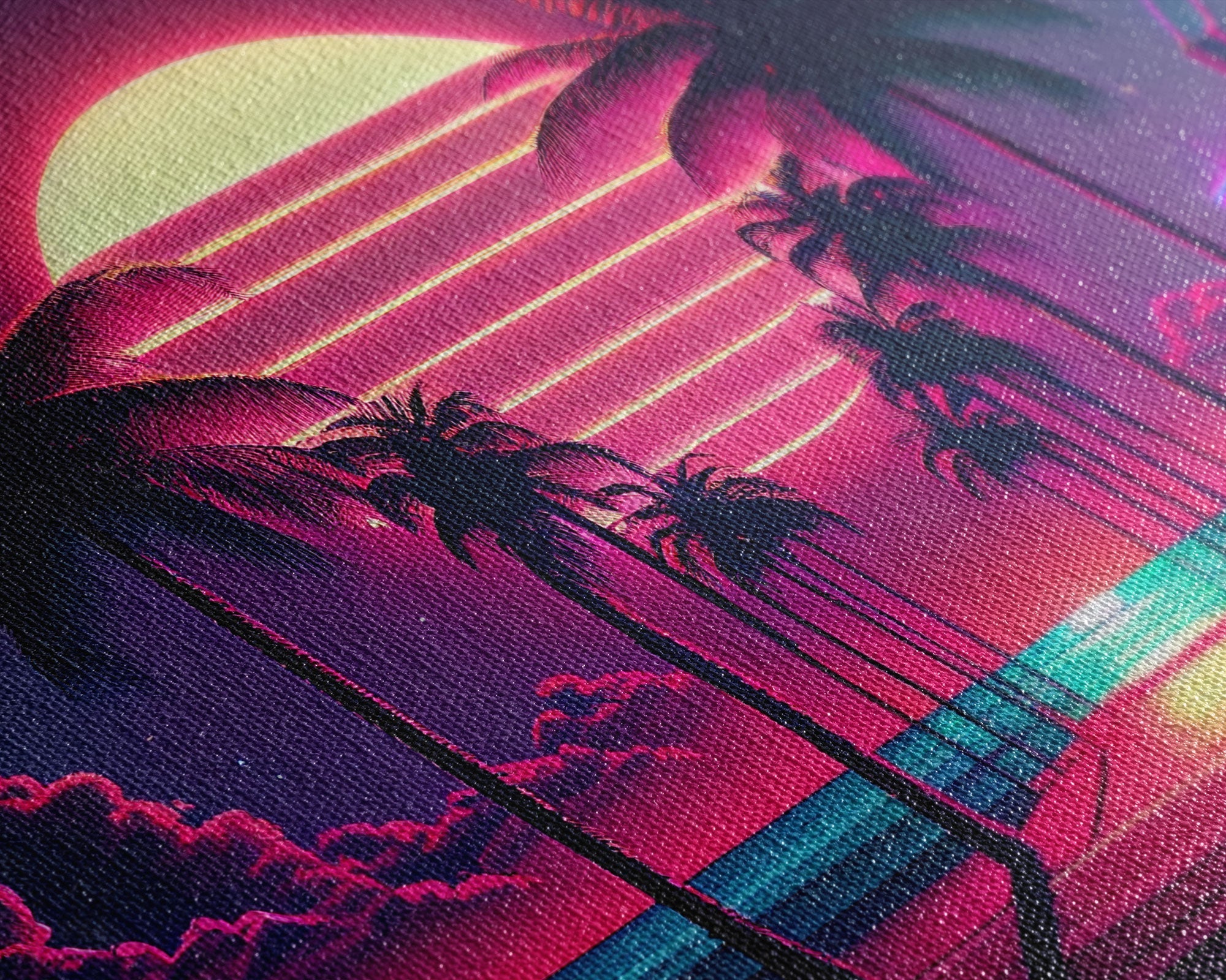 The Neon Boardwalk, Florida Synthwave Sunset, framed canvas print, retro style Miami vibes art - STAND OUT FLEXSARAH