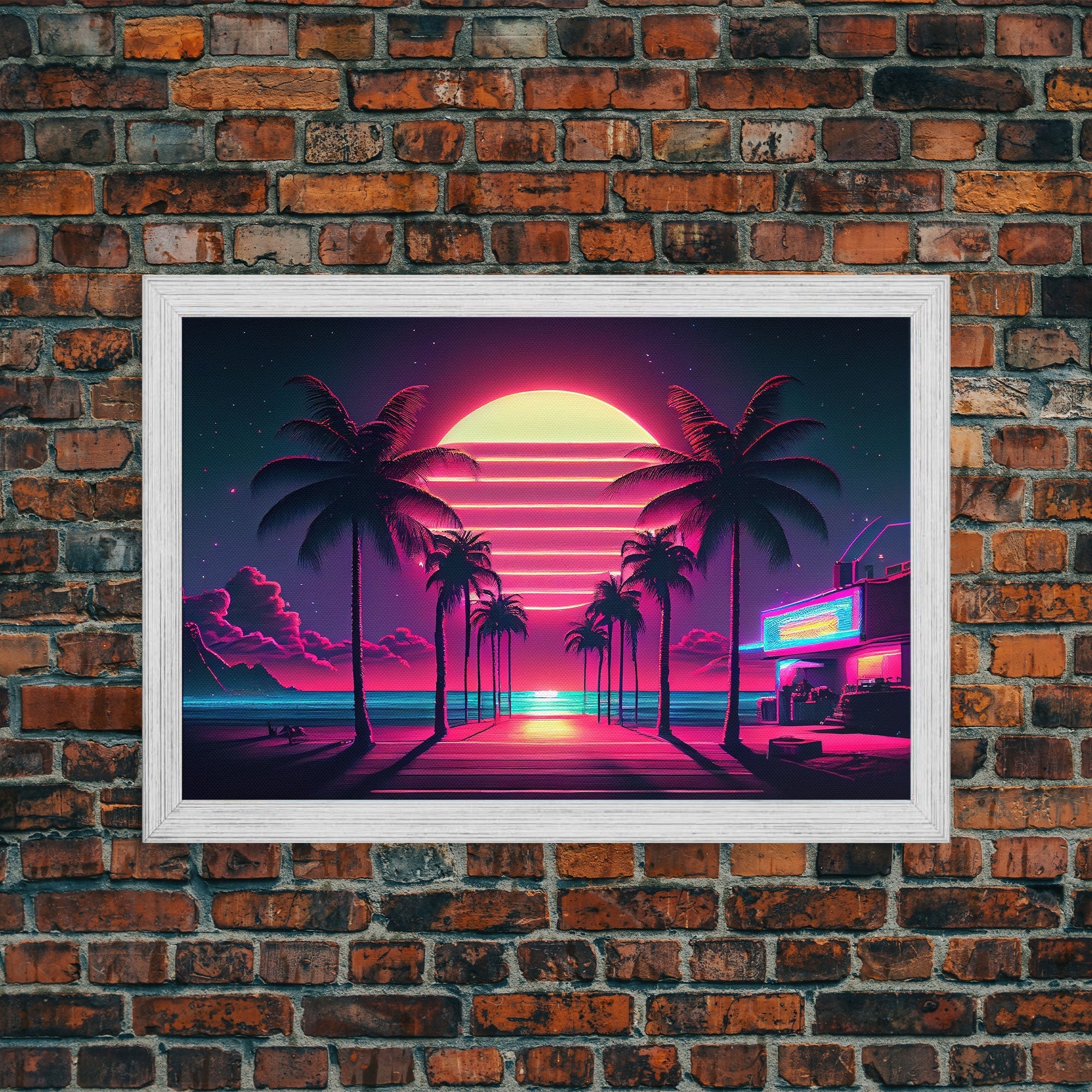 The Neon Boardwalk, Florida Synthwave Sunset, framed canvas print, retro style Miami vibes art - STAND OUT FLEXSARAH