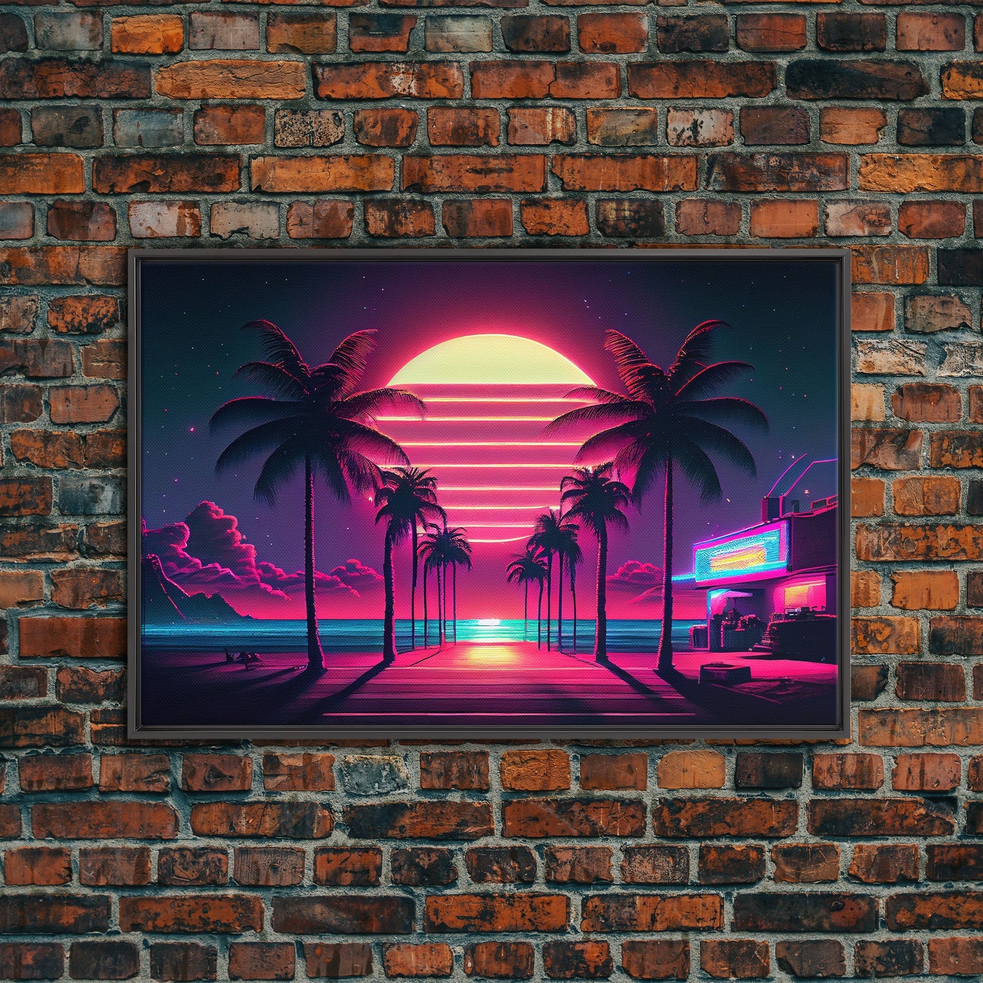 The Neon Boardwalk, Florida Synthwave Sunset, framed canvas print, retro style Miami vibes art - STAND OUT FLEXSARAH