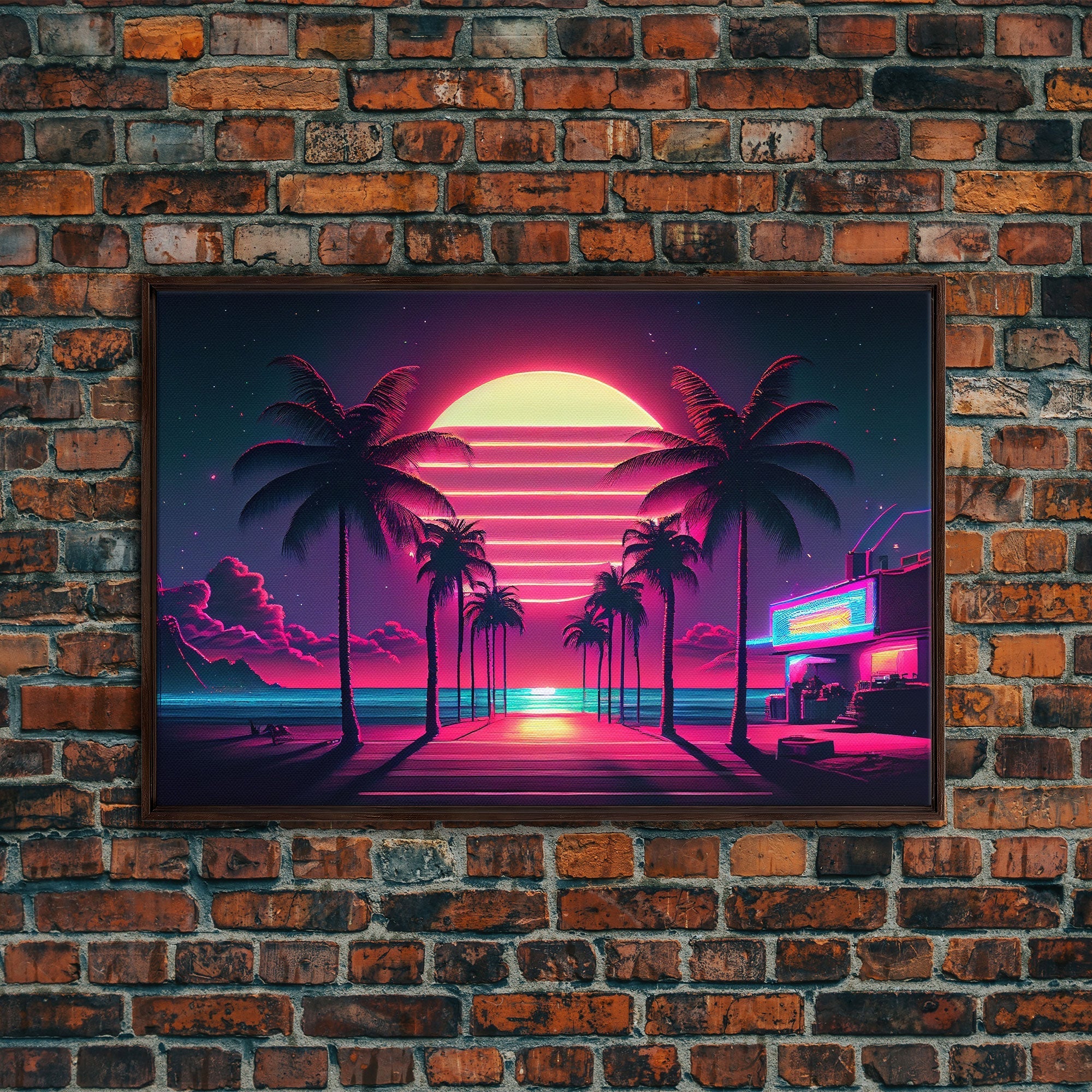 The Neon Boardwalk, Florida Synthwave Sunset, framed canvas print, retro style Miami vibes art - STAND OUT FLEXSARAH