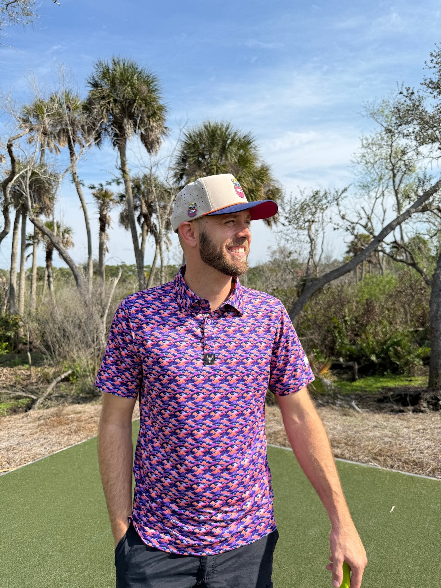 Tiki Bear Golf Hat | Snapback Cap | Built-in Magnetic Ball Marker Holder + Marker Included | Adjustable Multicolor - STAND OUT FLEXSARAH