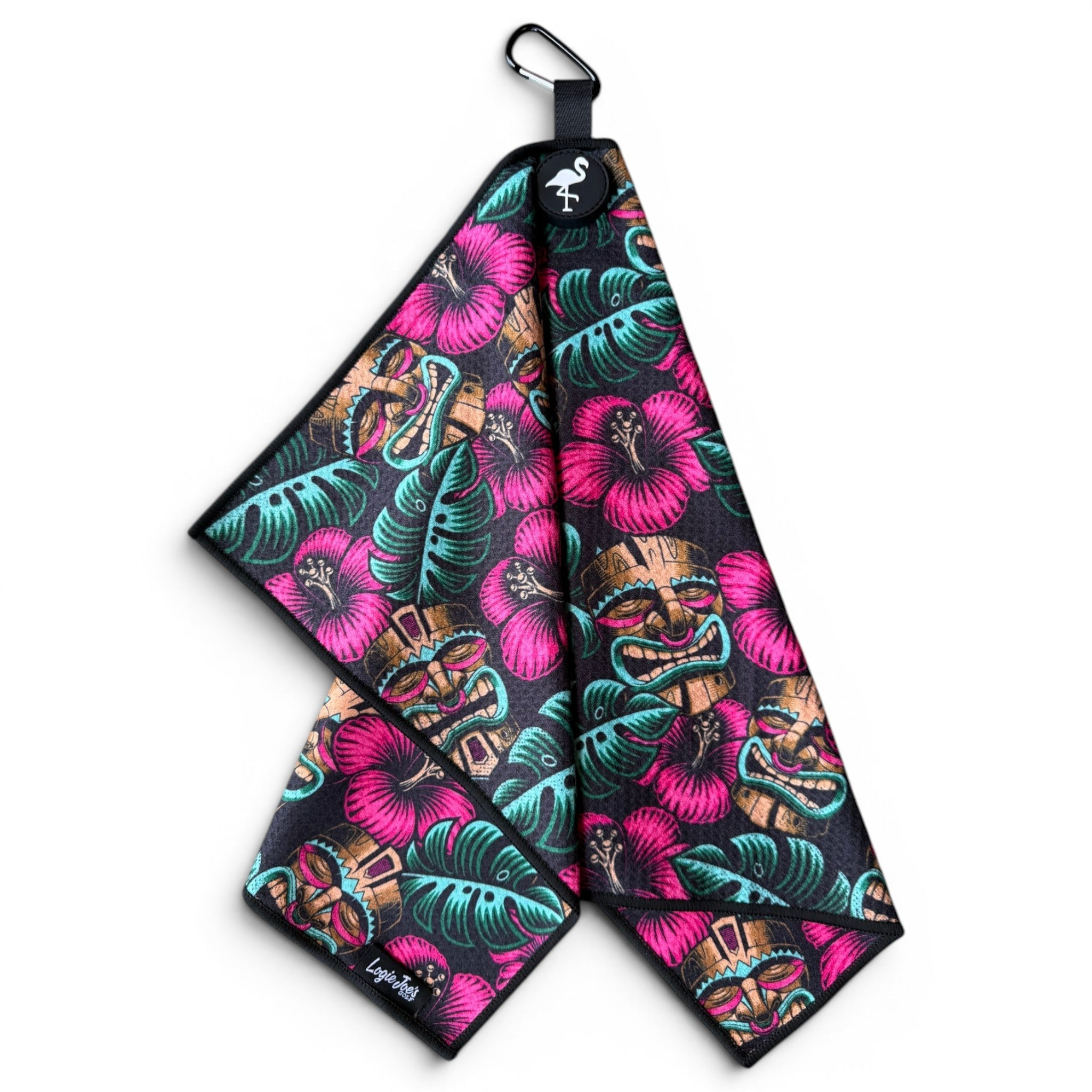 Tiki Totem Golf Towel | 24” x 16” Microfiber Towel | Magnetic Clip & Carabiner | Premium Golf Accessory - STAND OUT FLEXSARAH