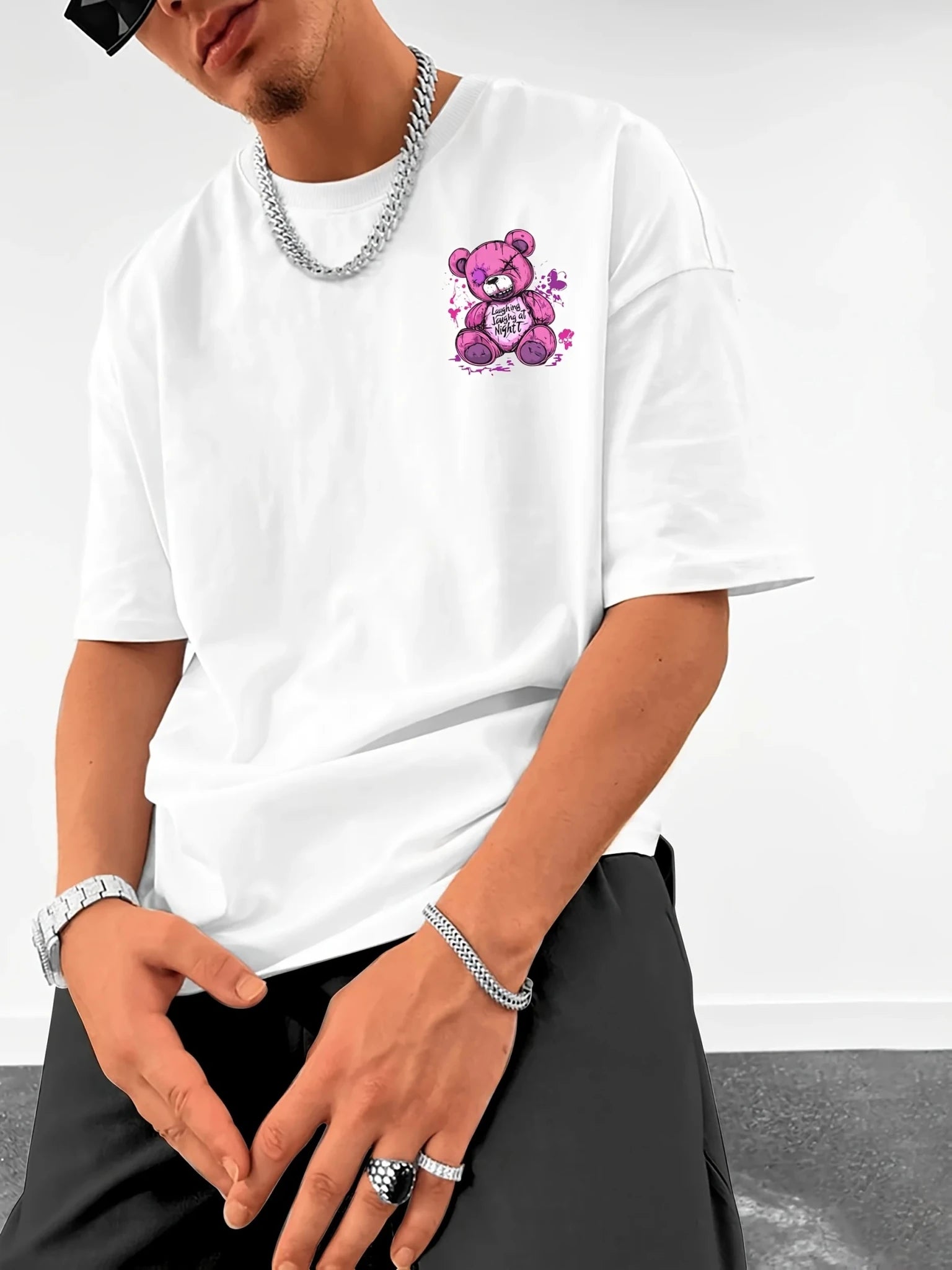Trendy style new summer men's teddy bear letter print breathable and comfortable round neck T-shirt outdoor high street top - STAND OUT FLEXSARAH