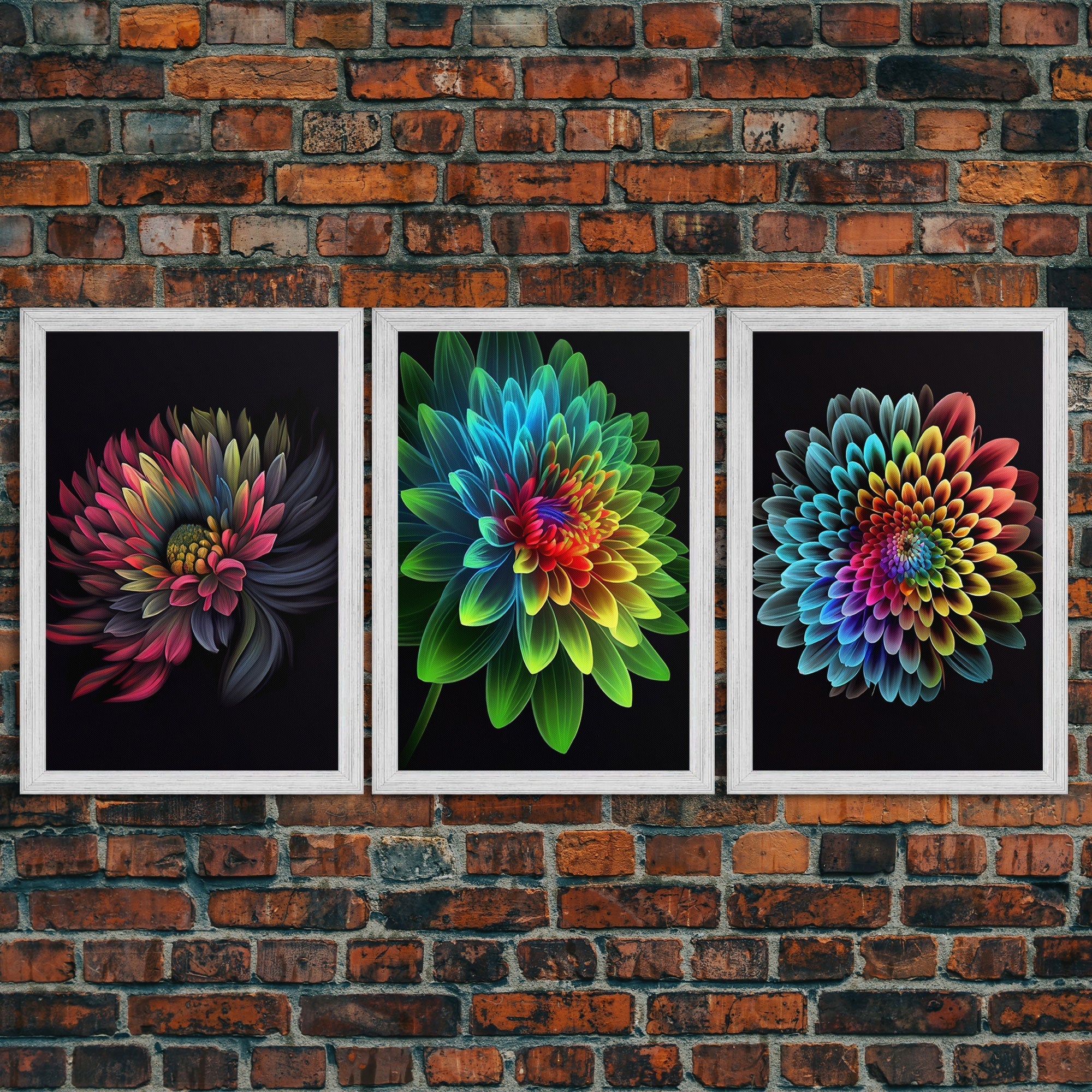 Triptych 3 Panel Wall Art - Framed Canvas Prints - Neon Flowers - Retro Style Flower Paintings - Boho Decor - Minimalist Wall Art - Modern - STAND OUT FLEXSARAH