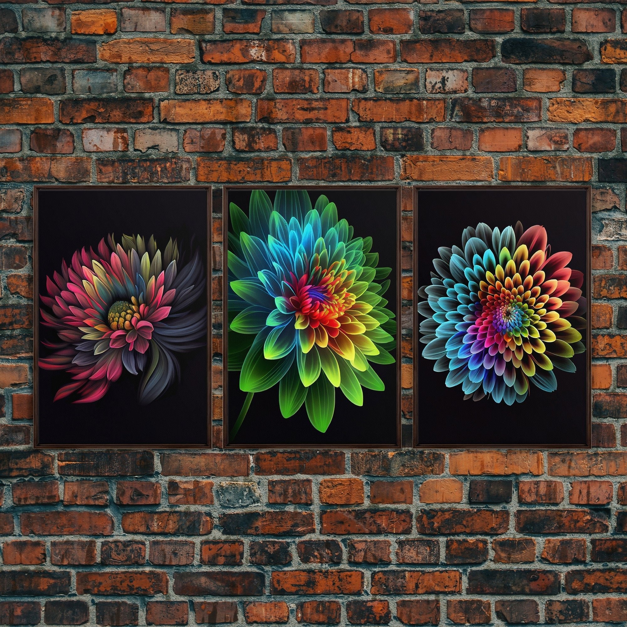 Triptych 3 Panel Wall Art - Framed Canvas Prints - Neon Flowers - Retro Style Flower Paintings - Boho Decor - Minimalist Wall Art - Modern - STAND OUT FLEXSARAH