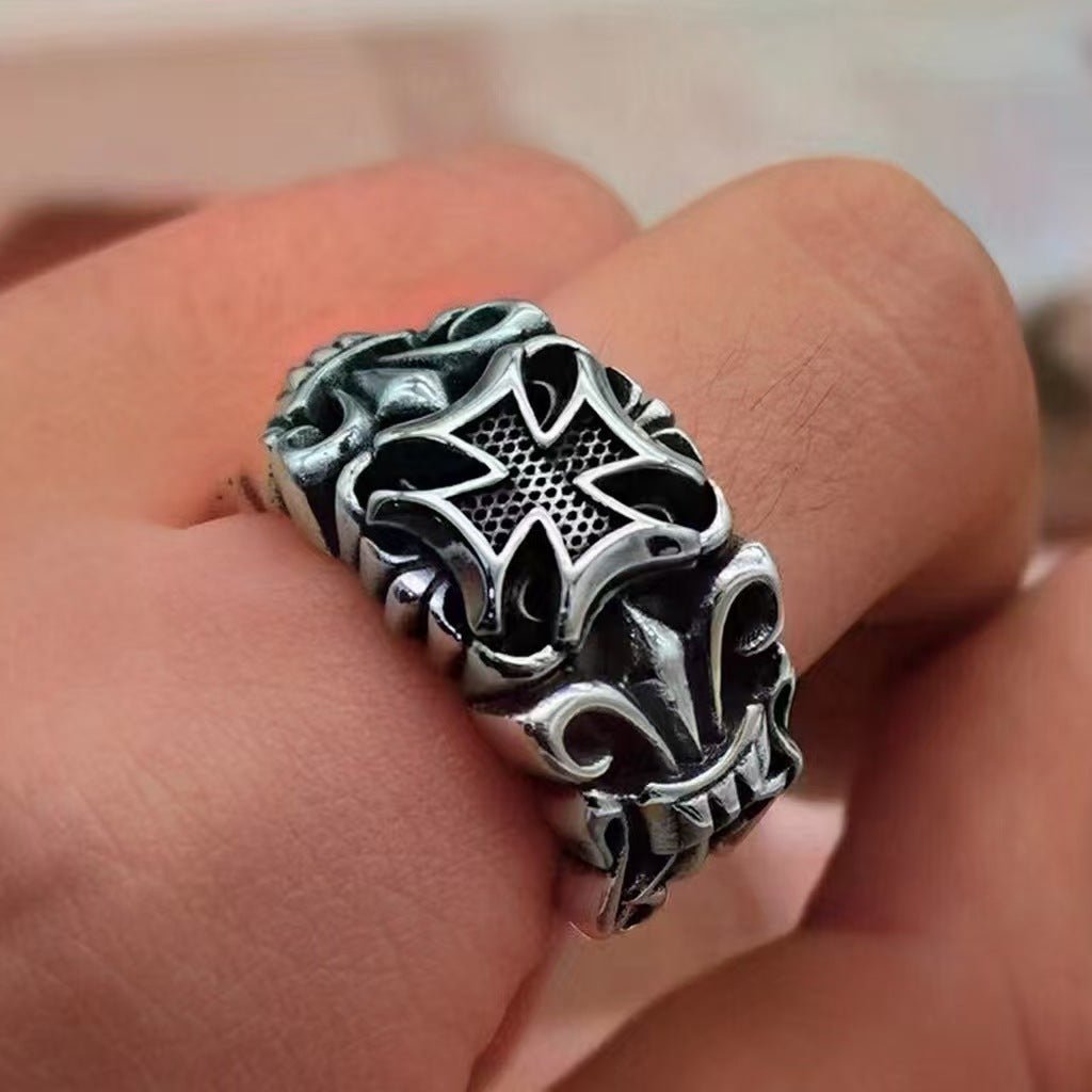 Vintage Maltese Cross Biker Ring, Two-Tone Gothic Adjustable Statement Band, Punk Rock Heavy Ring For Men - STAND OUT FLEXSARAH
