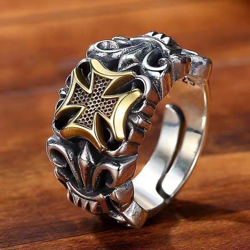 Vintage Maltese Cross Biker Ring, Two-Tone Gothic Adjustable Statement Band, Punk Rock Heavy Ring For Men - STAND OUT FLEXSARAH
