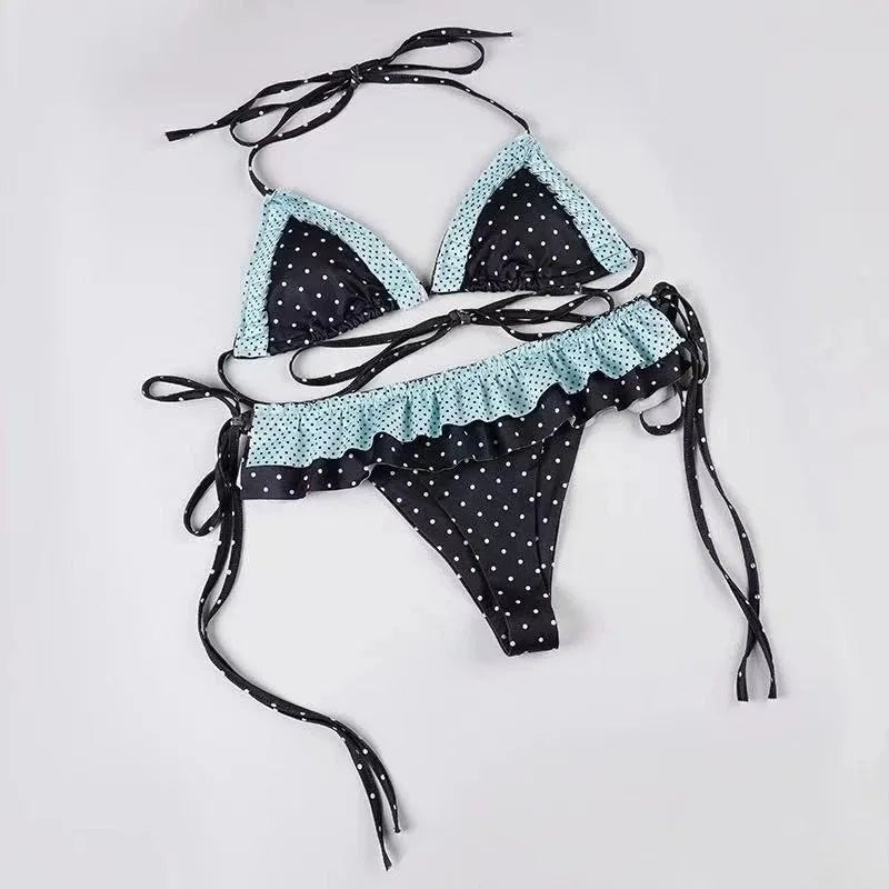 Vintage Sweet Bikini Set for Women Chic Polka Dot Print Trendy Ruffles Split Swimwear 2026 Summer Beach Vacation Party Swimwear - STAND OUT FLEXSARAH