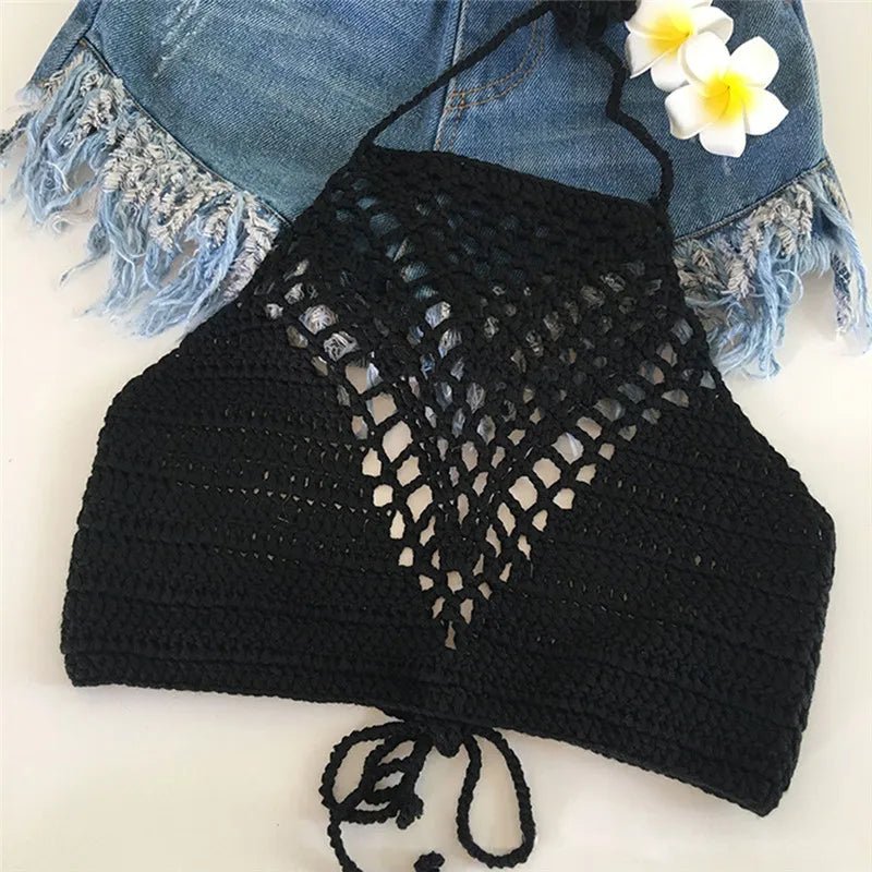 White Halter Vest Strap Crop Tops Bra Beach Bikini Women Summer Short Vest Sexy Hollow Out Crochet Bikini Tank Tops Shirt Plain - STAND OUT FLEXSARAH