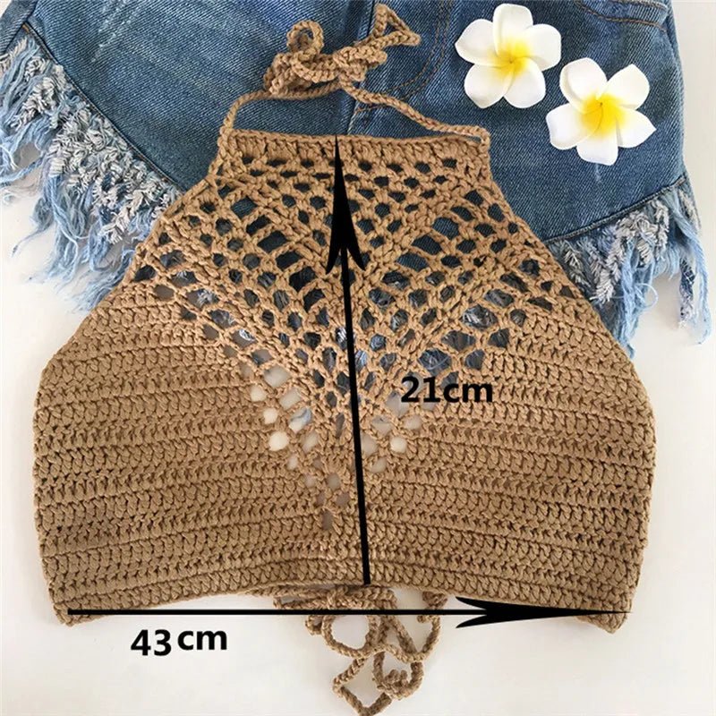 White Halter Vest Strap Crop Tops Bra Beach Bikini Women Summer Short Vest Sexy Hollow Out Crochet Bikini Tank Tops Shirt Plain - STAND OUT FLEXSARAH