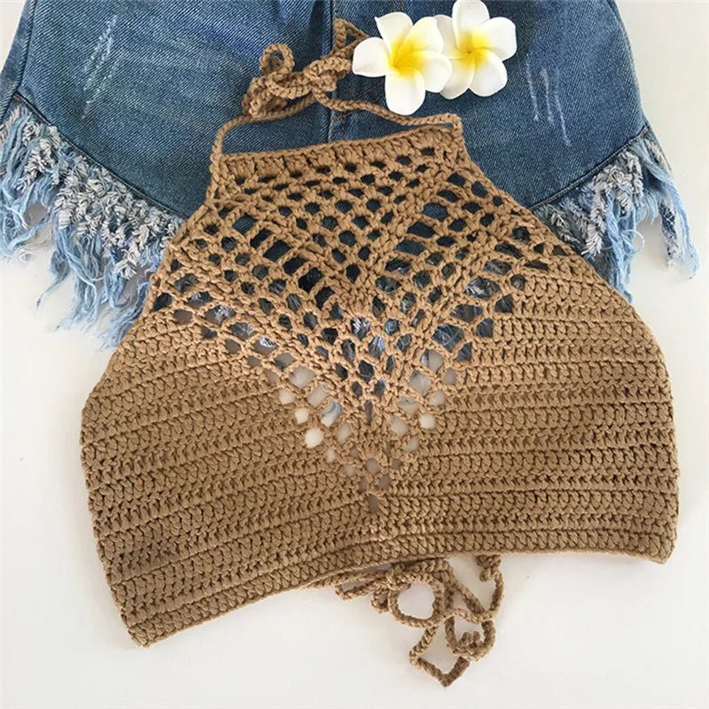 White Halter Vest Strap Crop Tops Bra Beach Bikini Women Summer Short Vest Sexy Hollow Out Crochet Bikini Tank Tops Shirt Plain - STAND OUT FLEXSARAH