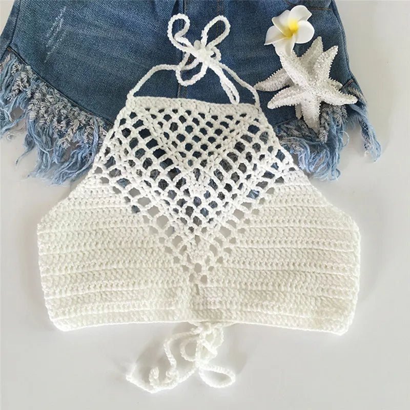 White Halter Vest Strap Crop Tops Bra Beach Bikini Women Summer Short Vest Sexy Hollow Out Crochet Bikini Tank Tops Shirt Plain - STAND OUT FLEXSARAH