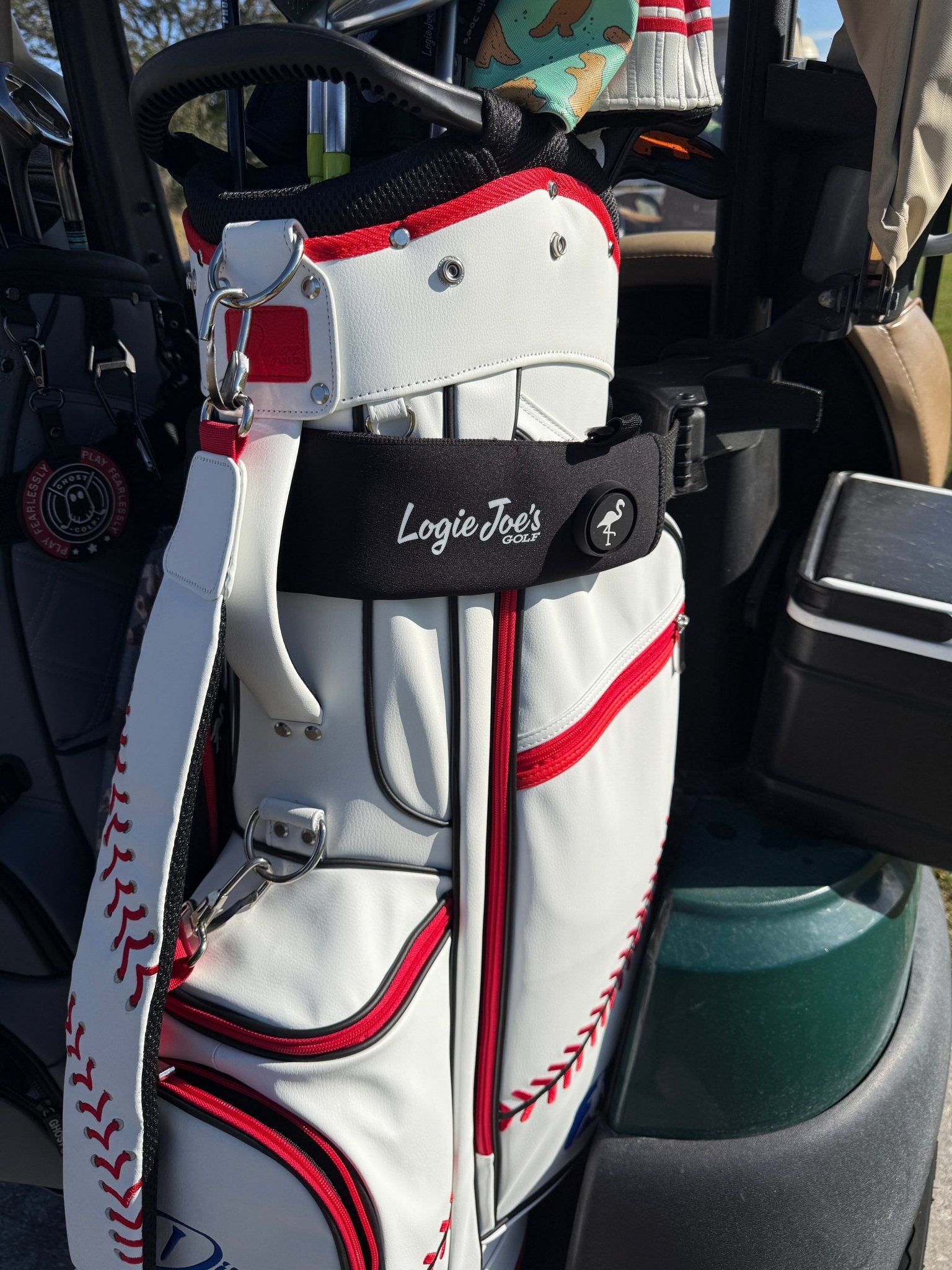 White Magnetic Golf Cart Strap Sleeve | Neoprene Rubber | Dual Accessory Magnets | Glove Holder | Carabiner Bag Attachment | 18.5 x 3.5 in | White - STAND OUT FLEXSARAH