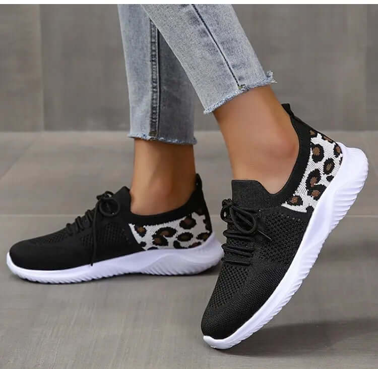White Shoes Women Leopard Print Lace-up Sneakers Sports - STAND OUT FLEXSARAH