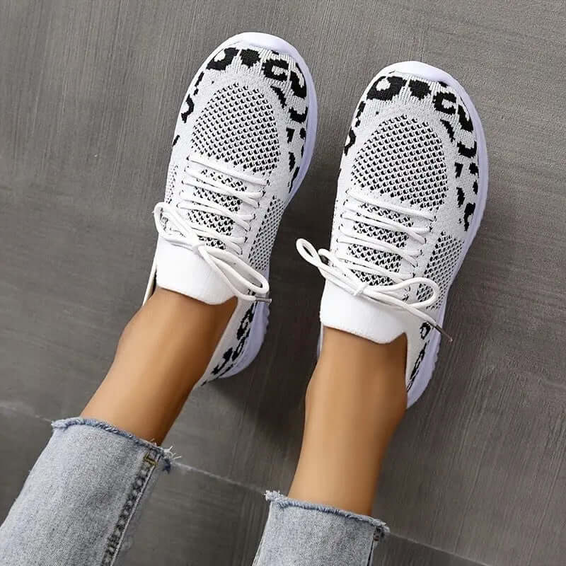 White Shoes Women Leopard Print Lace-up Sneakers Sports - STAND OUT FLEXSARAH