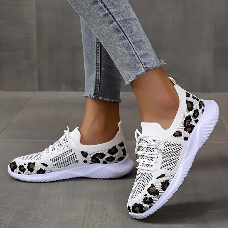 White Shoes Women Leopard Print Lace-up Sneakers Sports - STAND OUT FLEXSARAH