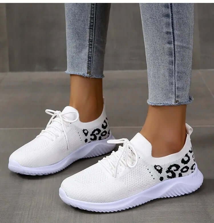 White Shoes Women Leopard Print Lace-up Sneakers Sports - STAND OUT FLEXSARAH