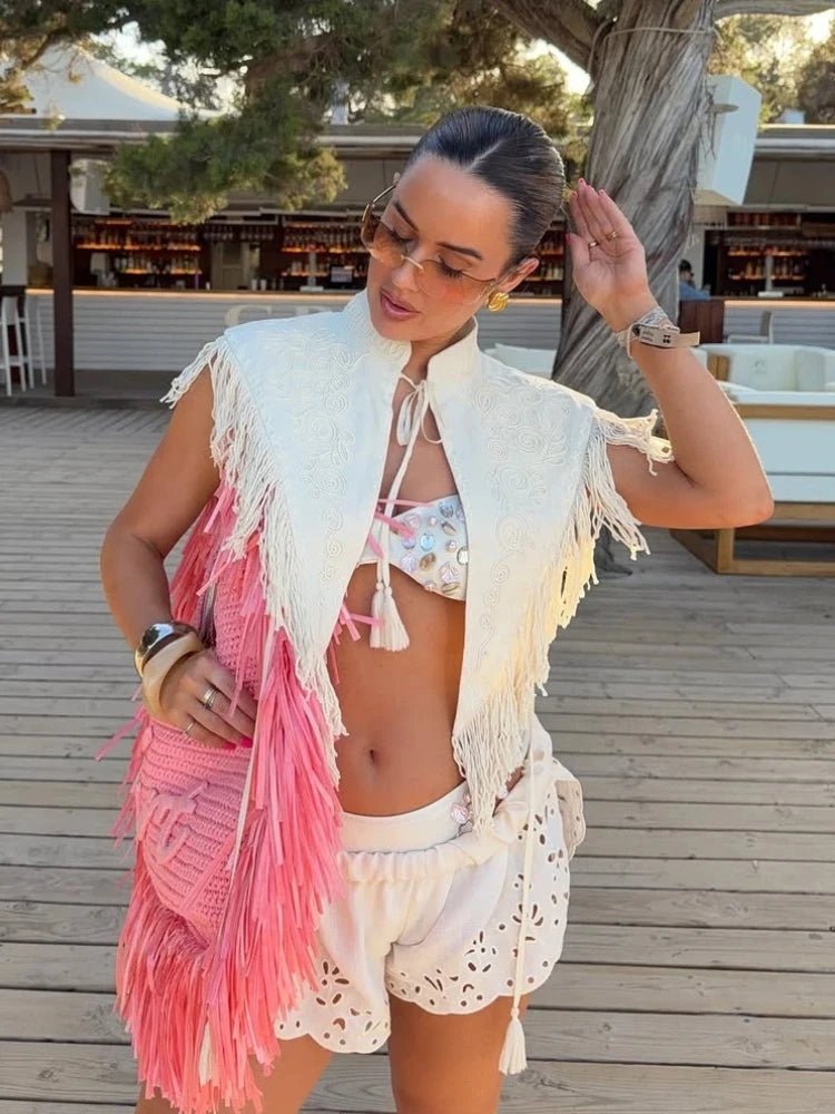 Woman Vintage Embroidery Tassel Shawl Summer Stand Neck Sleeveless Lace Up Irregular Top Female New Bikini Vacation Clothes 2026 - STAND OUT FLEXSARAH