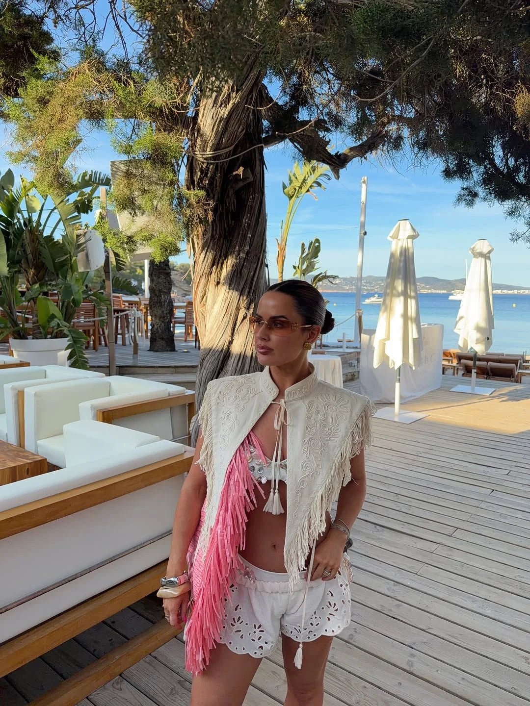 Woman Vintage Embroidery Tassel Shawl Summer Stand Neck Sleeveless Lace Up Irregular Top Female New Bikini Vacation Clothes 2026 - STAND OUT FLEXSARAH