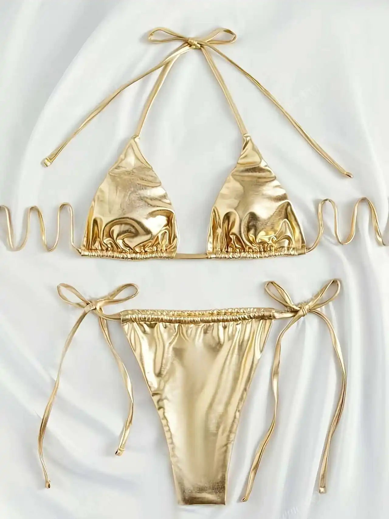 Women Bikini Set 2025 Summer Metallic Gold Shiny Halter Triangle Tie Side String Sexy Swimwear Female Beach Vacation Bathing Sui - STAND OUT FLEXSARAH