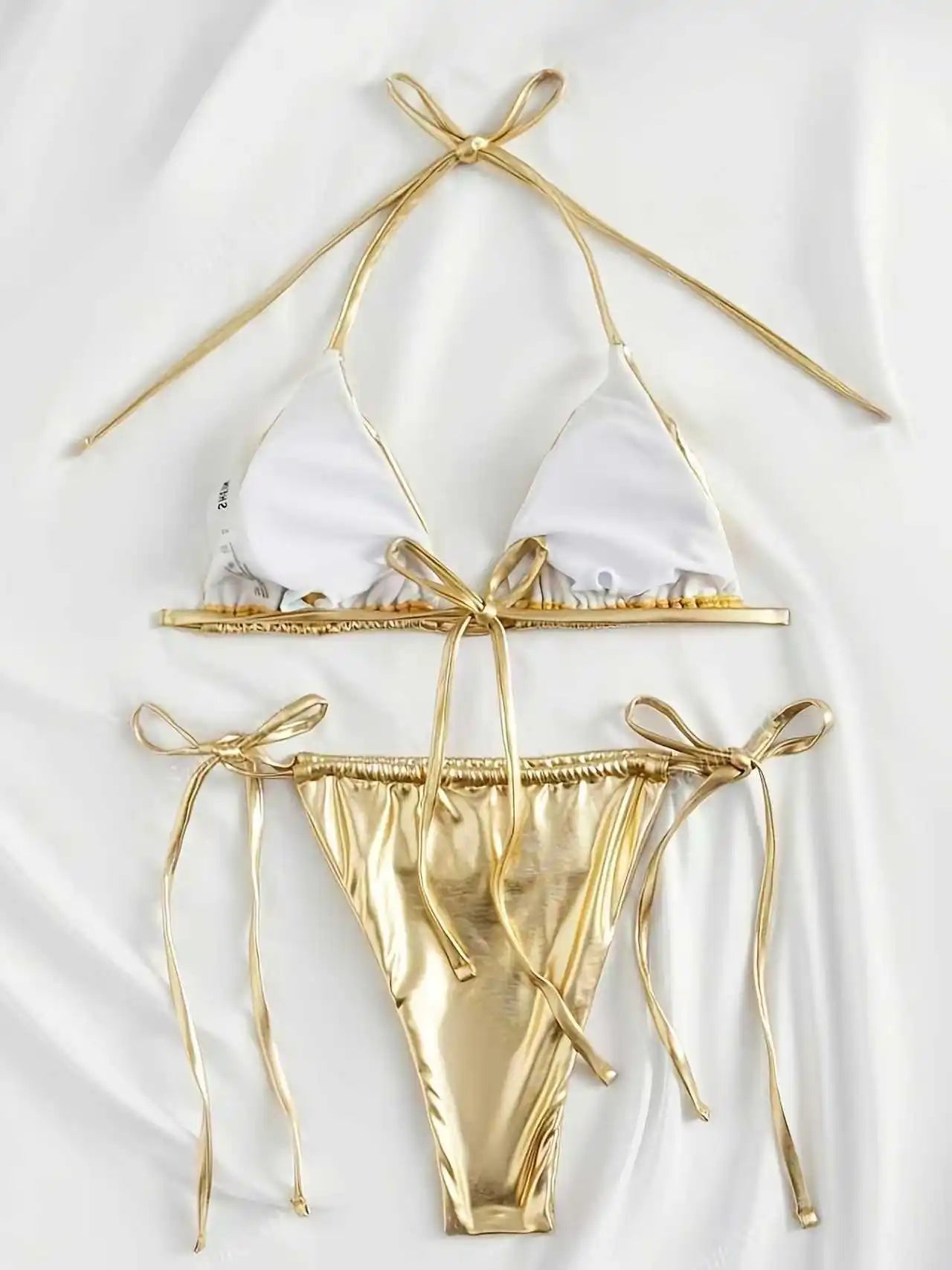 Women Bikini Set 2025 Summer Metallic Gold Shiny Halter Triangle Tie Side String Sexy Swimwear Female Beach Vacation Bathing Sui - STAND OUT FLEXSARAH