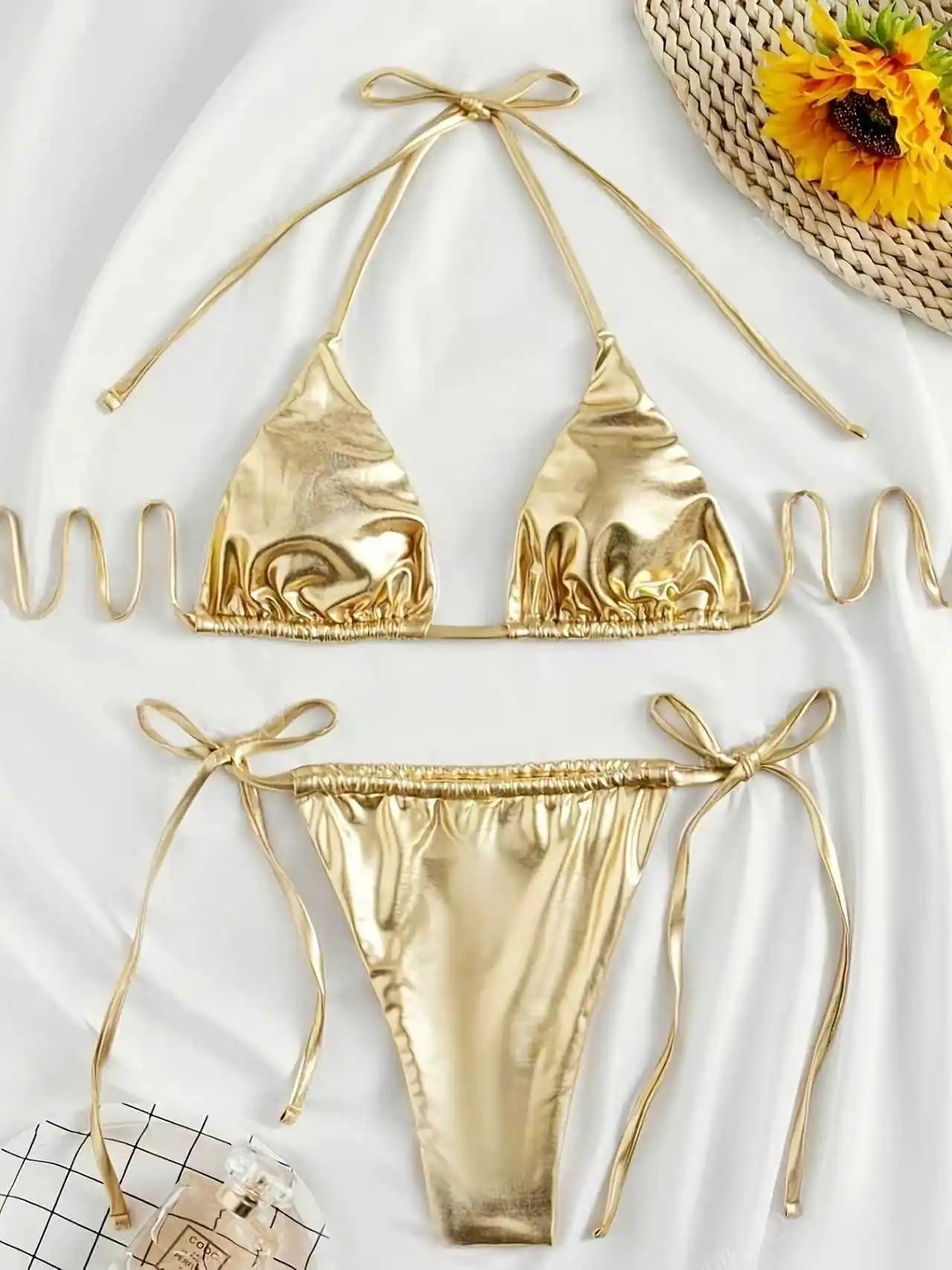 Women Bikini Set 2025 Summer Metallic Gold Shiny Halter Triangle Tie Side String Sexy Swimwear Female Beach Vacation Bathing Sui - STAND OUT FLEXSARAH