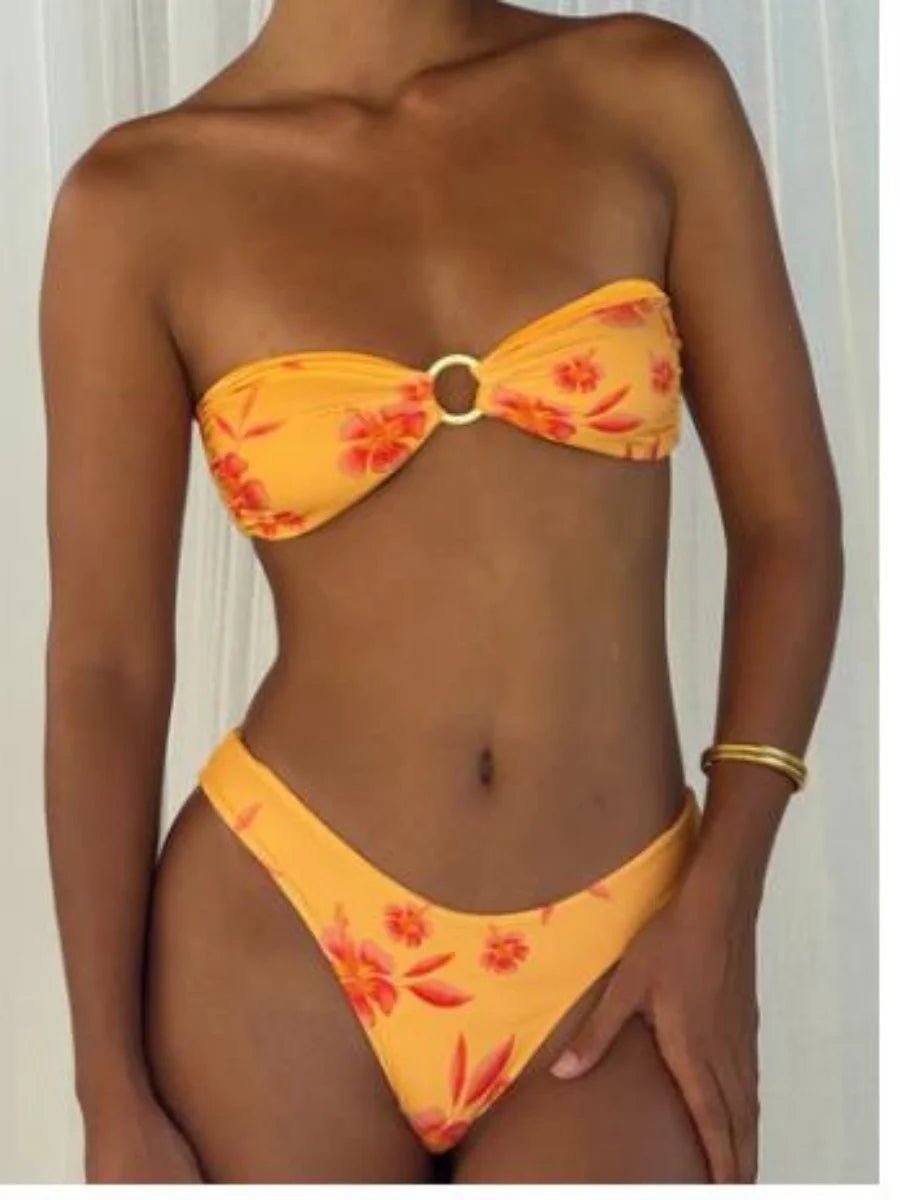 Women Floral Bandeau Bikini Set O Ring Strapless Tie Back Bikini Top High Cut Cheeky Thong Bathing Suits - STAND OUT FLEXSARAH
