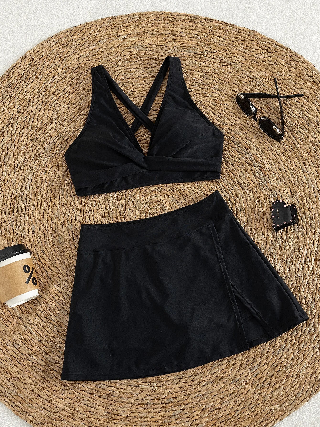 Women's Black Twist Front Bikini Set with Skirt, 3 Piece High Waisted Swimwear, Modest Skirted Bathing Suit for Summer Vacation - STAND OUT FLEXSARAH