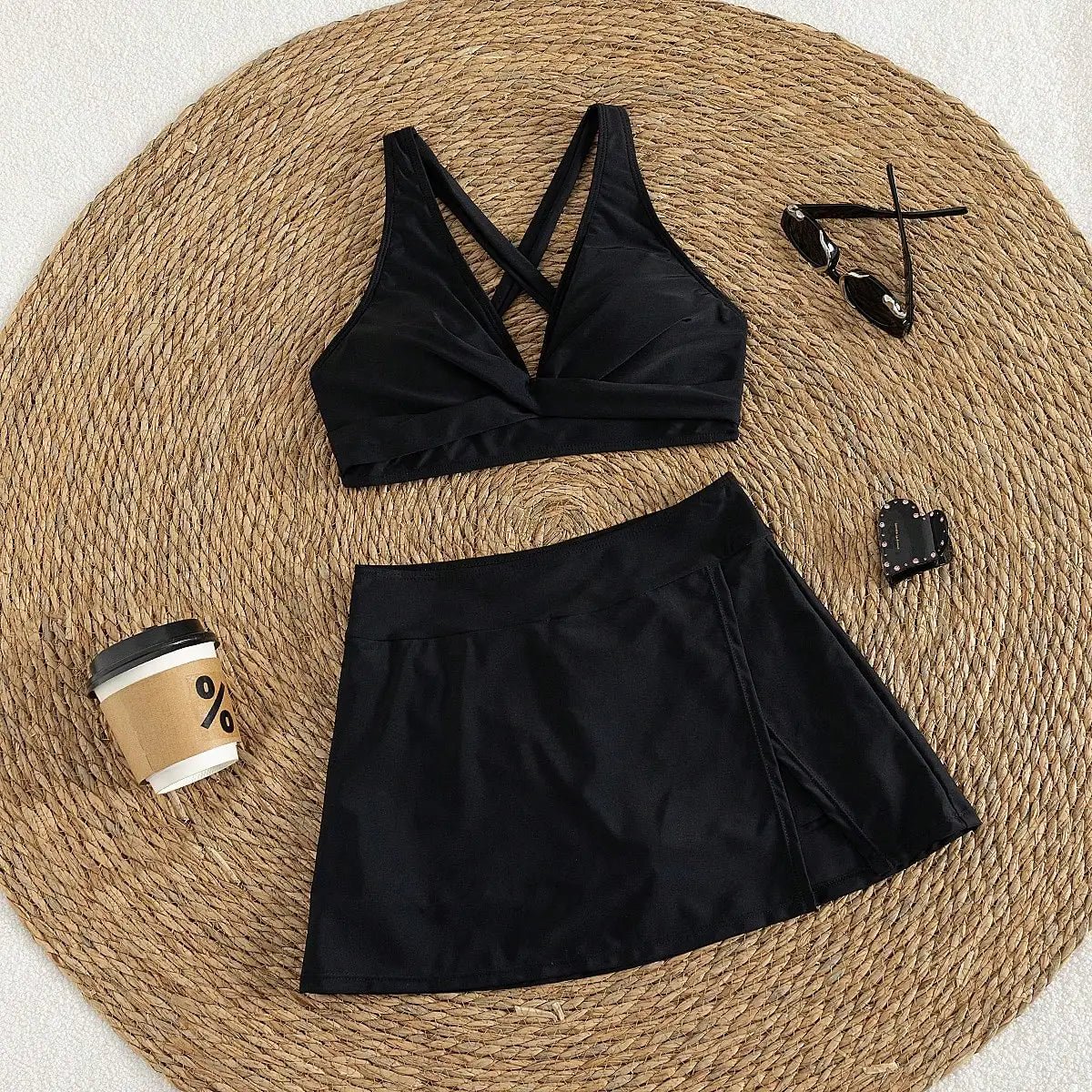 Women's Black Twist Front Bikini Set with Skirt, 3 Piece High Waisted Swimwear, Modest Skirted Bathing Suit for Summer Vacation - STAND OUT FLEXSARAH