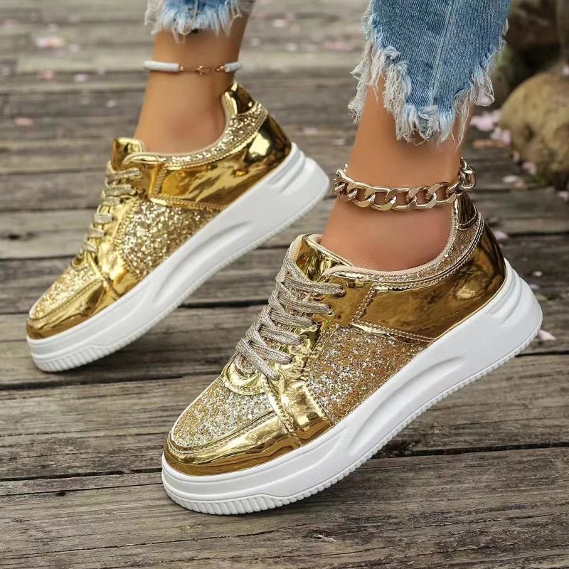 Women's Gold Sequins Platform Sneakers Autumn Fashion Casual Sports Shoes Thick Bottom Vulcanized Shoes Woman Flats Heels Shoes - STAND OUT FLEXSARAH