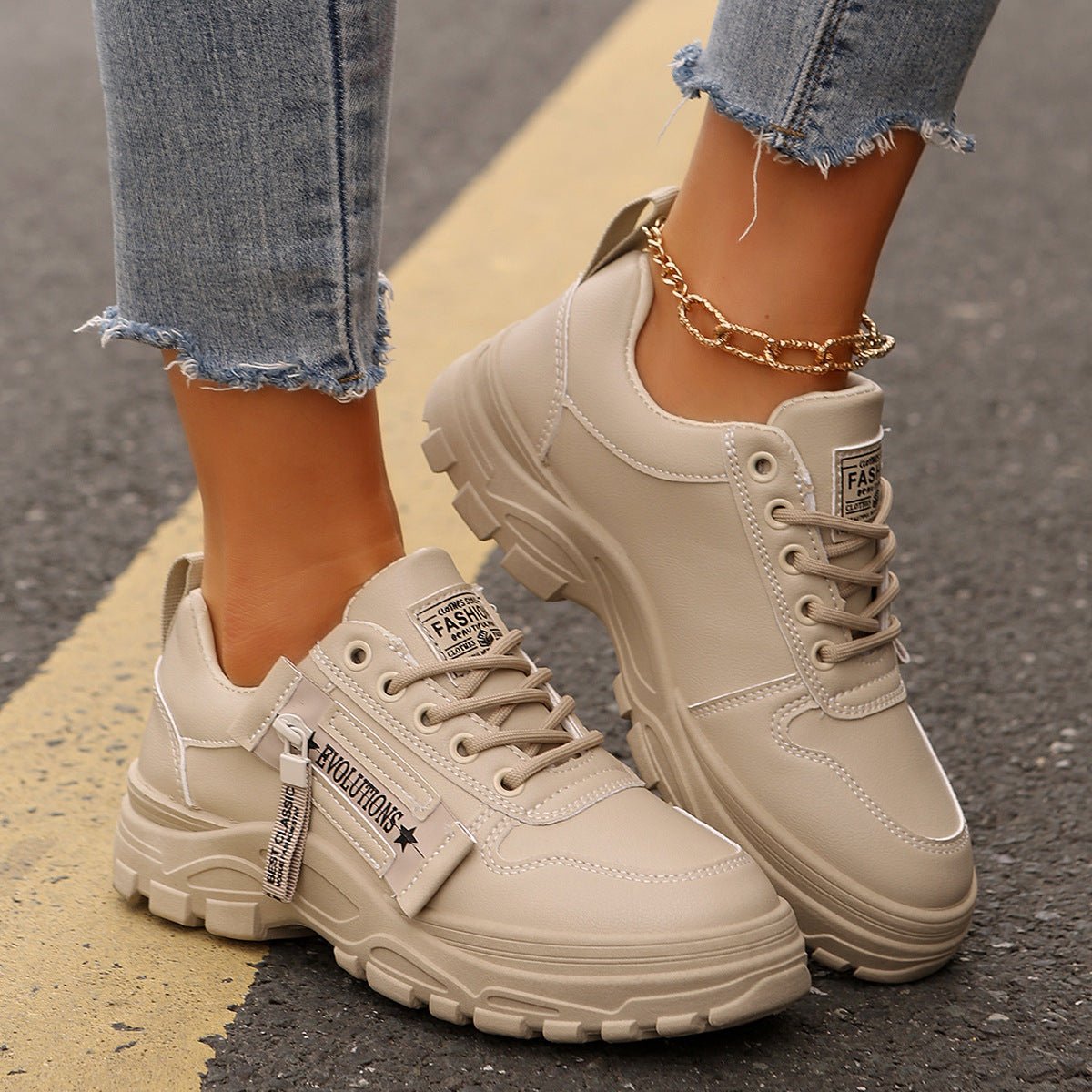 Women's Lace-Up Sneakers with Side Zipper | Thick Sole Round Toe Casual Sports Shoes - STAND OUT FLEXSARAH