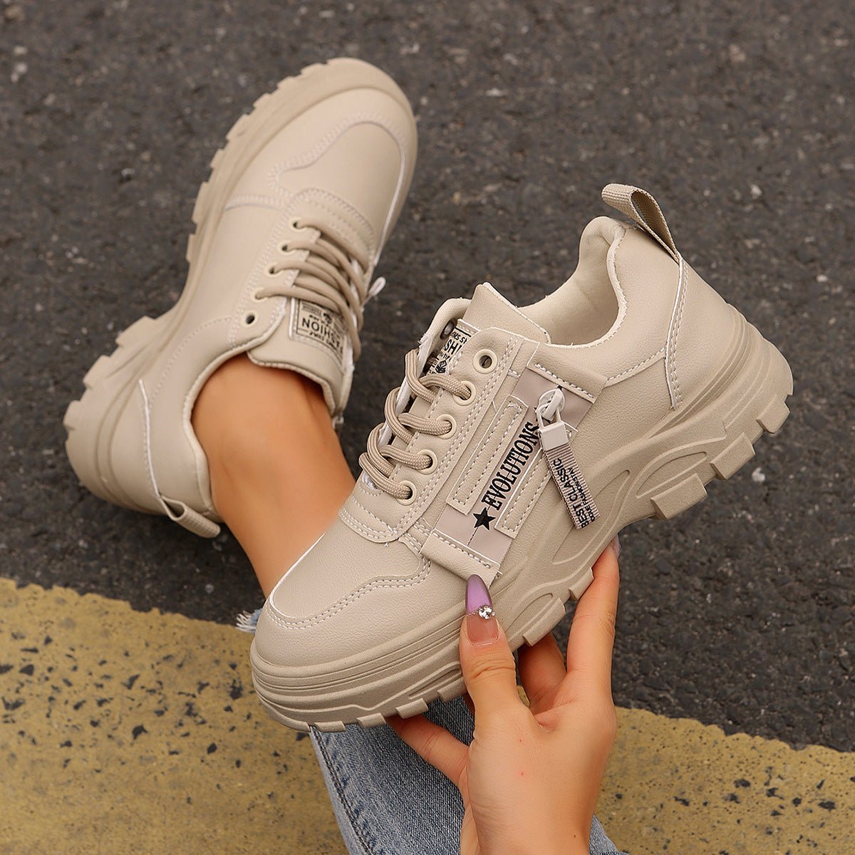 Women's Lace-Up Sneakers with Side Zipper | Thick Sole Round Toe Casual Sports Shoes - STAND OUT FLEXSARAH