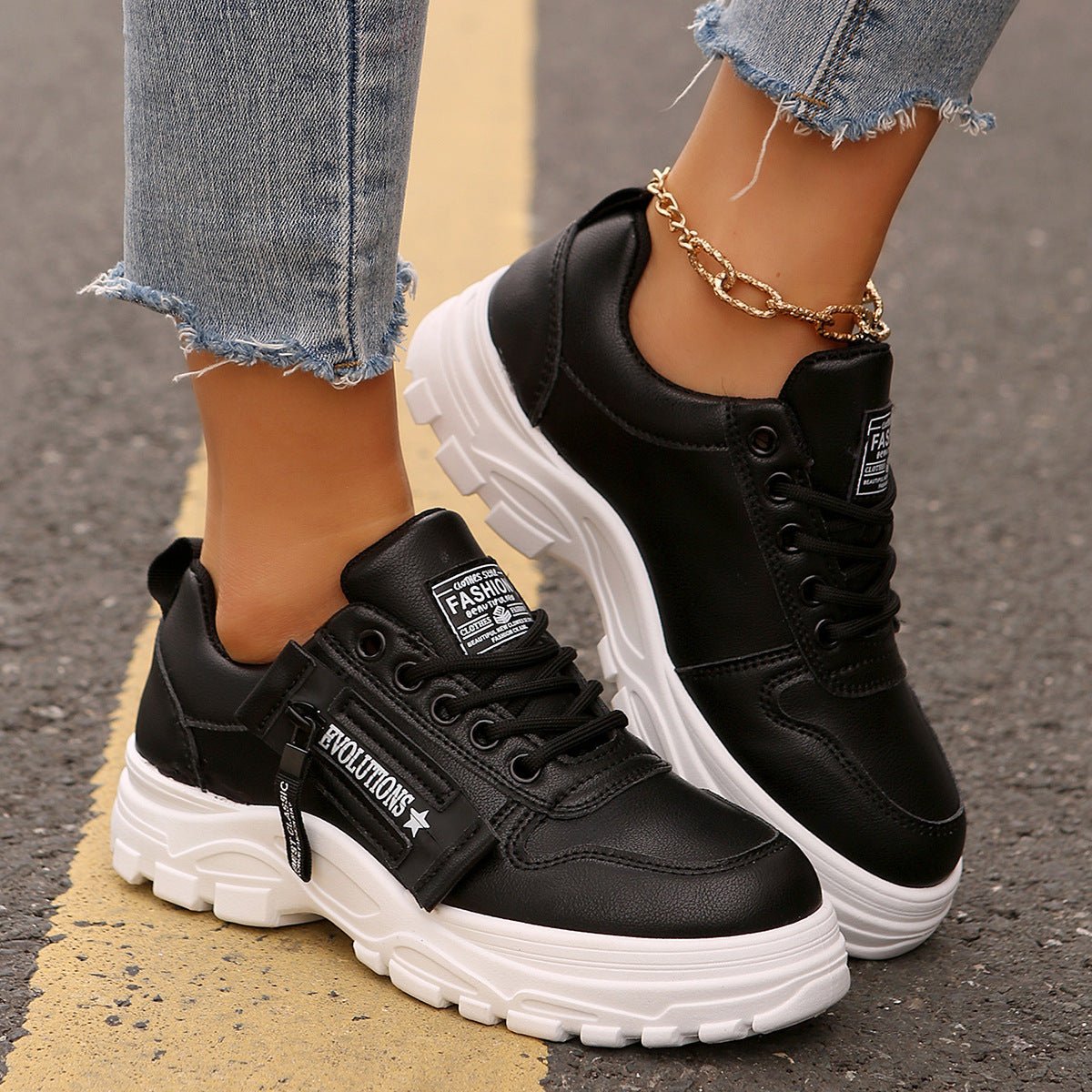 Women's Lace-Up Sneakers with Side Zipper | Thick Sole Round Toe Casual Sports Shoes - STAND OUT FLEXSARAH