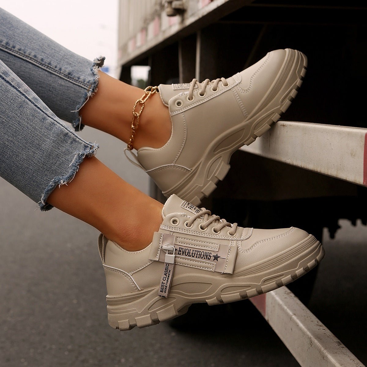 Women's Lace-Up Sneakers with Side Zipper | Thick Sole Round Toe Casual Sports Shoes - STAND OUT FLEXSARAH